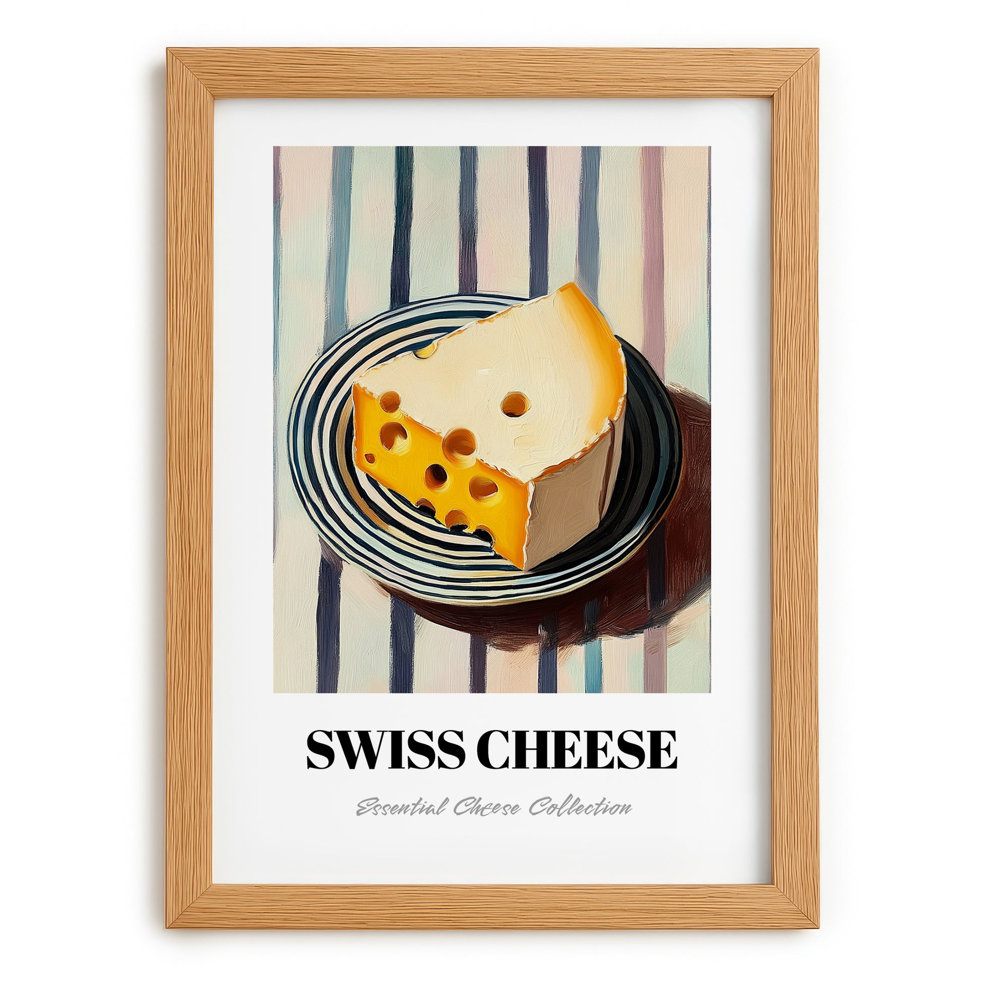 Swiss – on Striped Tablecloth, Cheese Wall Painting, set in oak frame
