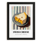 Swiss – on Striped Tablecloth, Cheese Wall Painting, in sleek black frame