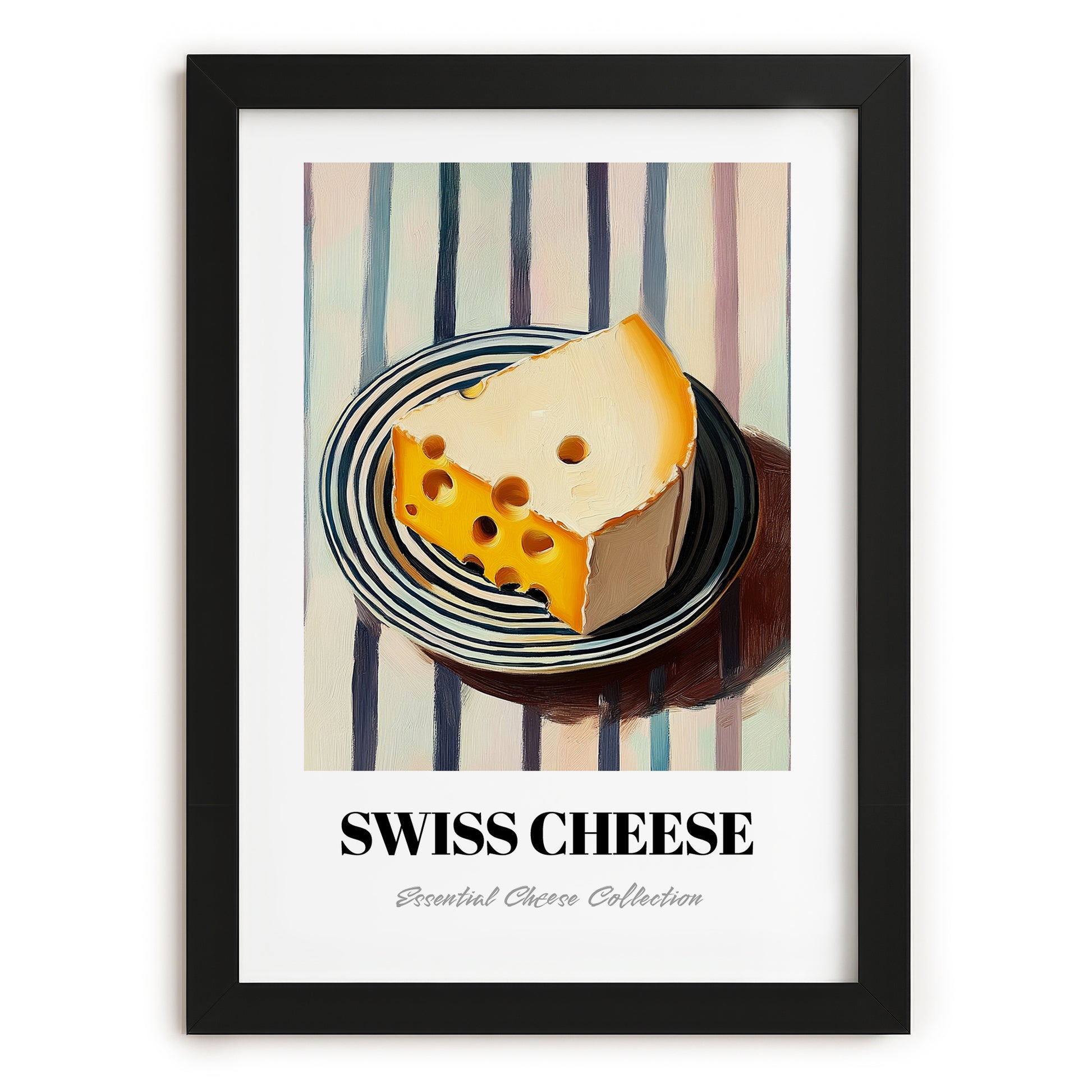 Swiss – on Striped Tablecloth, Cheese Wall Painting, in sleek black frame