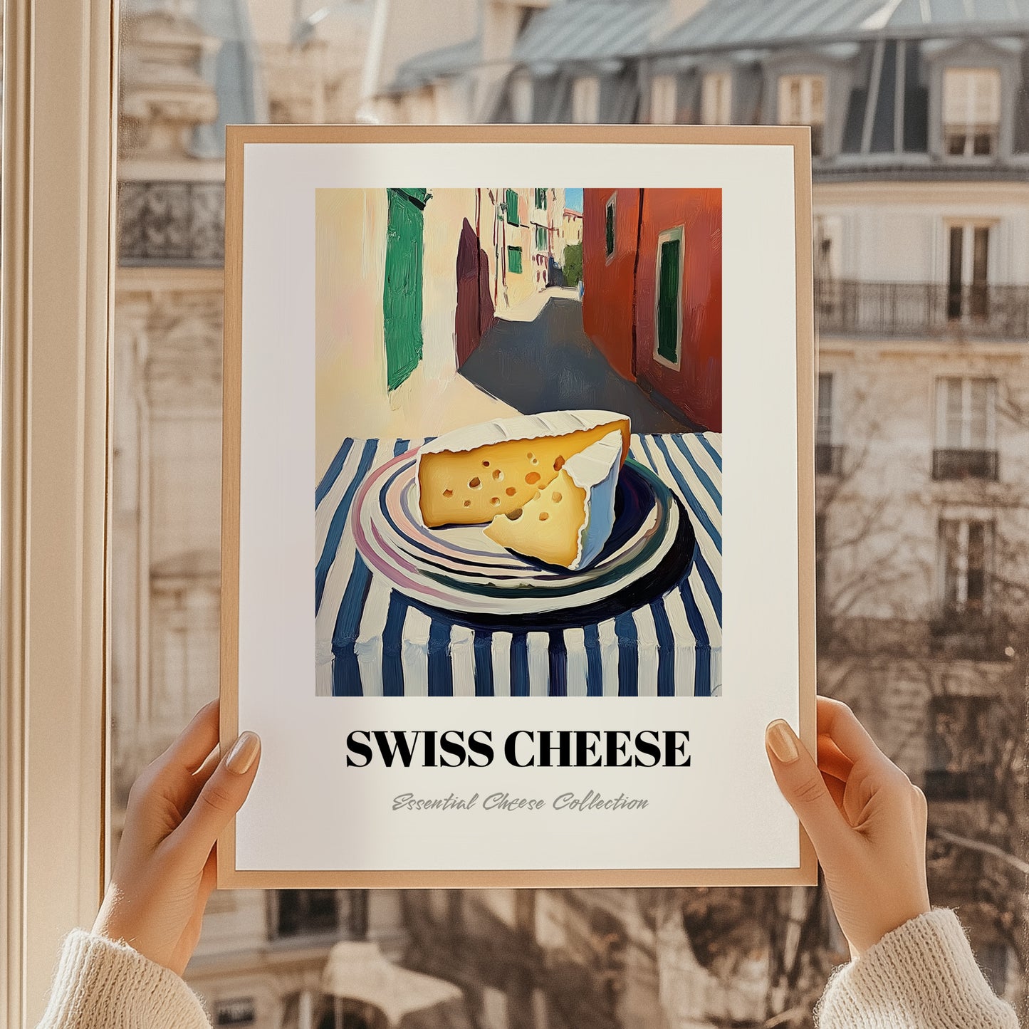 Swiss – Italian Café on the Corner, Cheese Poster, styled in a charming Paris street view