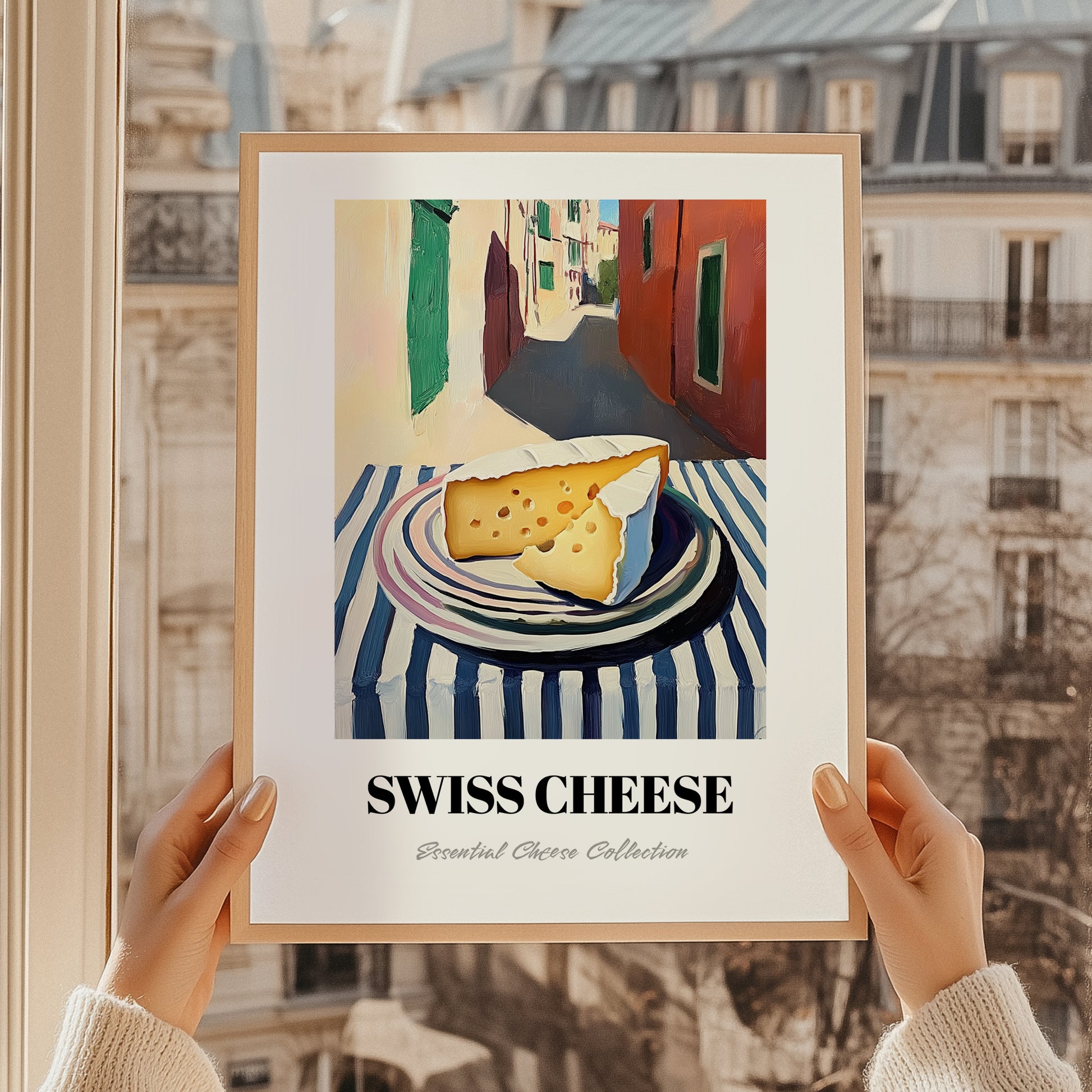 Swiss – Italian Café on the Corner, Cheese Poster, styled in a charming Paris street view