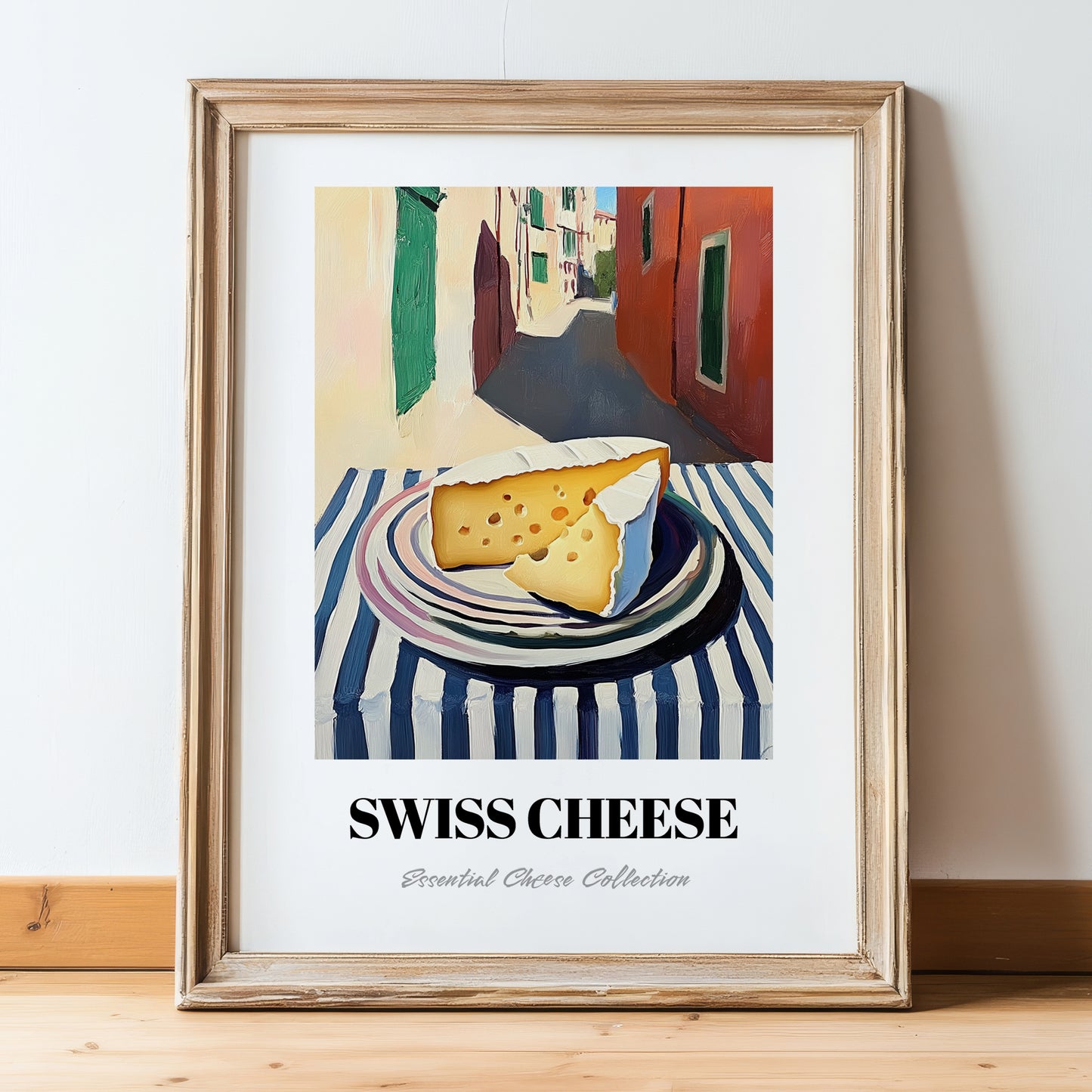 Swiss – Italian Café on the Corner, Cheese Poster, in wooden frame leaning on the floor
