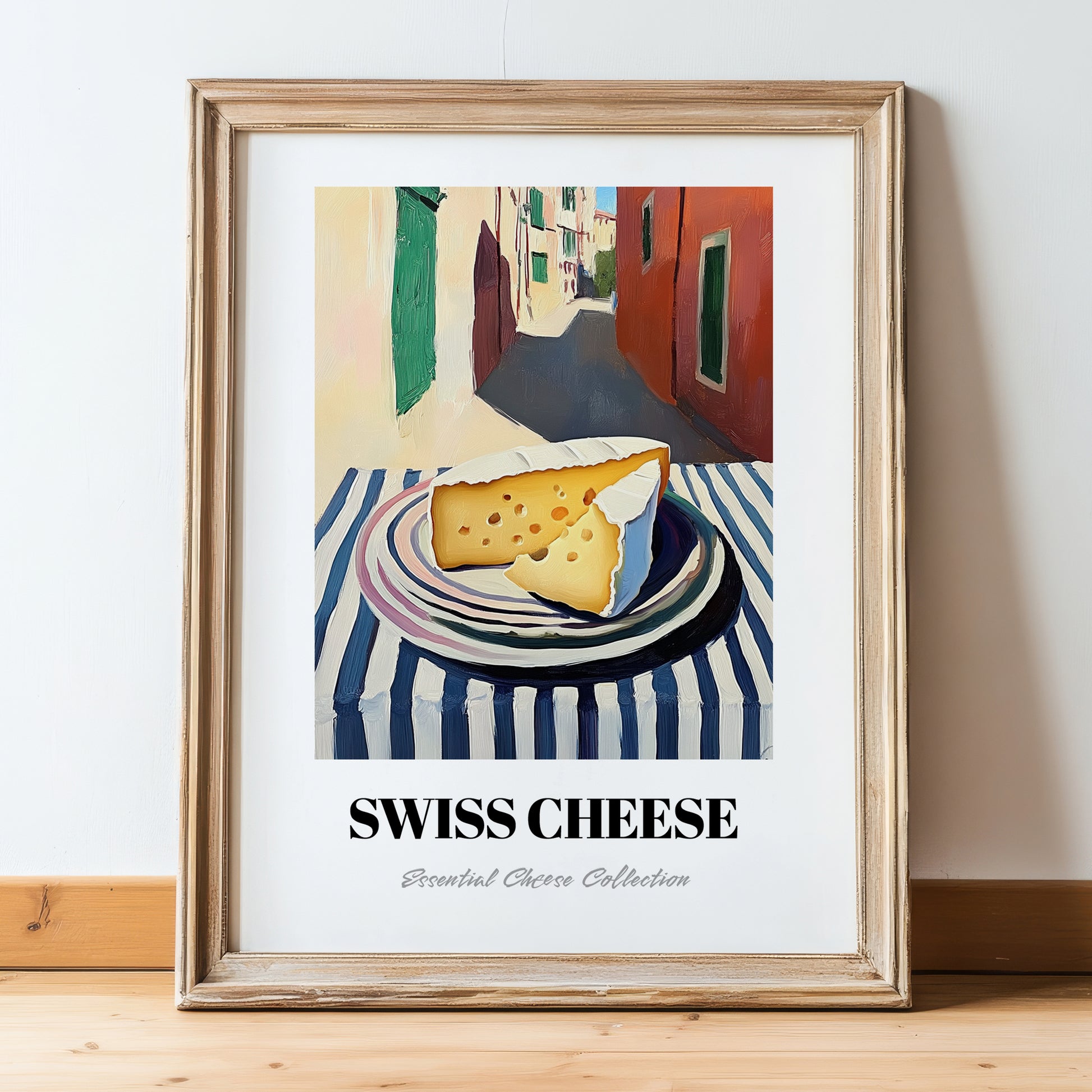 Swiss – Italian Café on the Corner, Cheese Poster, in wooden frame leaning on the floor