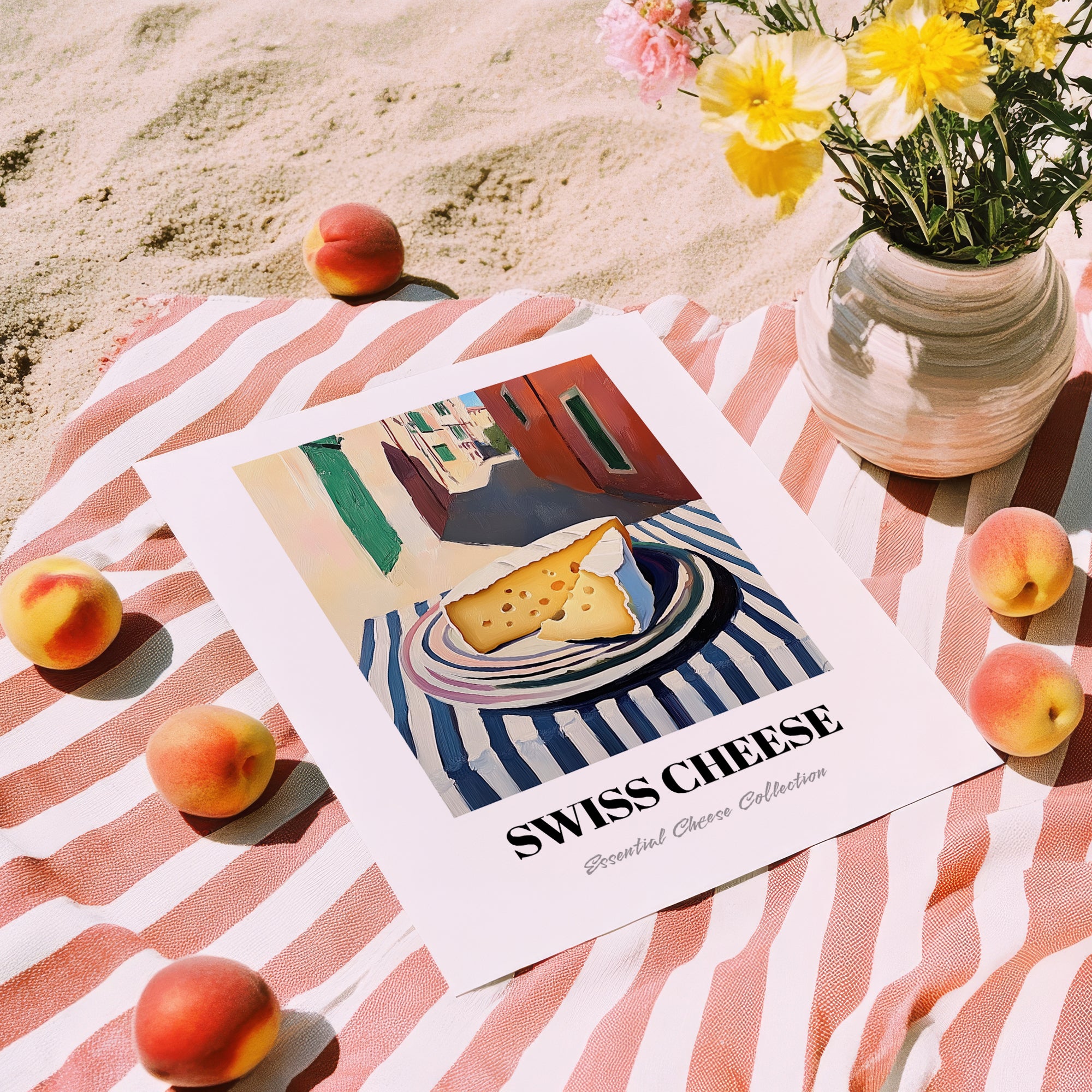 Swiss – Italian Café on the Corner, Cheese Poster, unframed on coastal sand