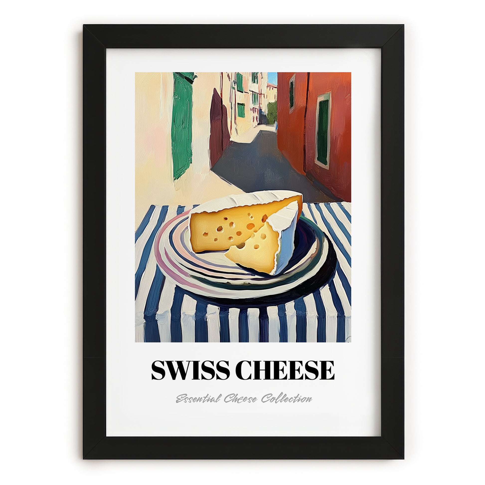 Swiss – Italian Café on the Corner, Cheese Poster, in sleek black frame