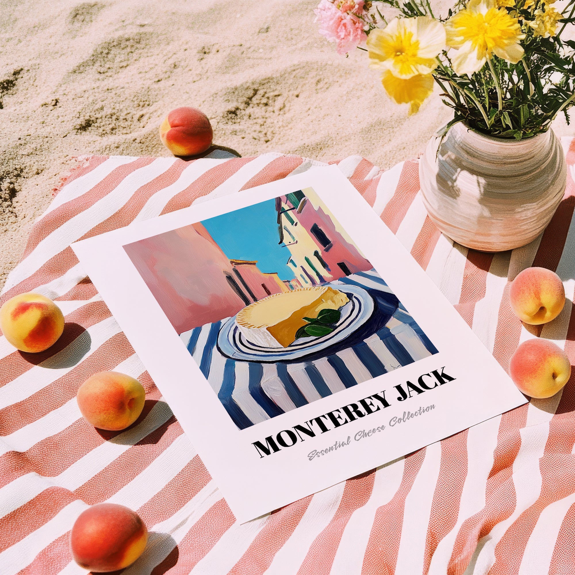 Monterey Jack – Italian Street Café Scene, Cheese Wall Decor, unframed on coastal sand