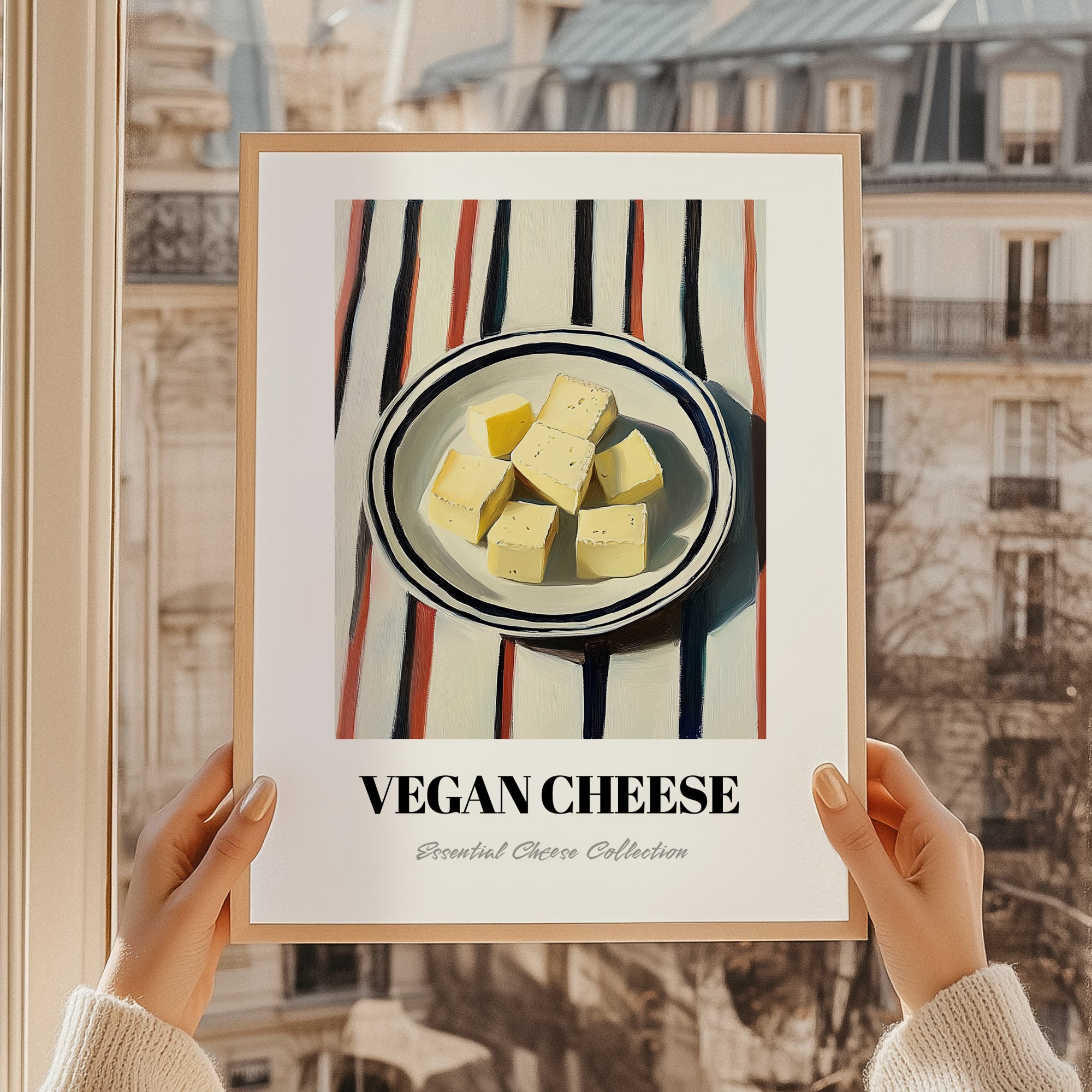 Vegan – on Striped Tablecloth, Cheese Poster, styled in a charming Paris street view