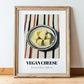 Vegan – on Striped Tablecloth, Cheese Poster, in wooden frame leaning on the floor