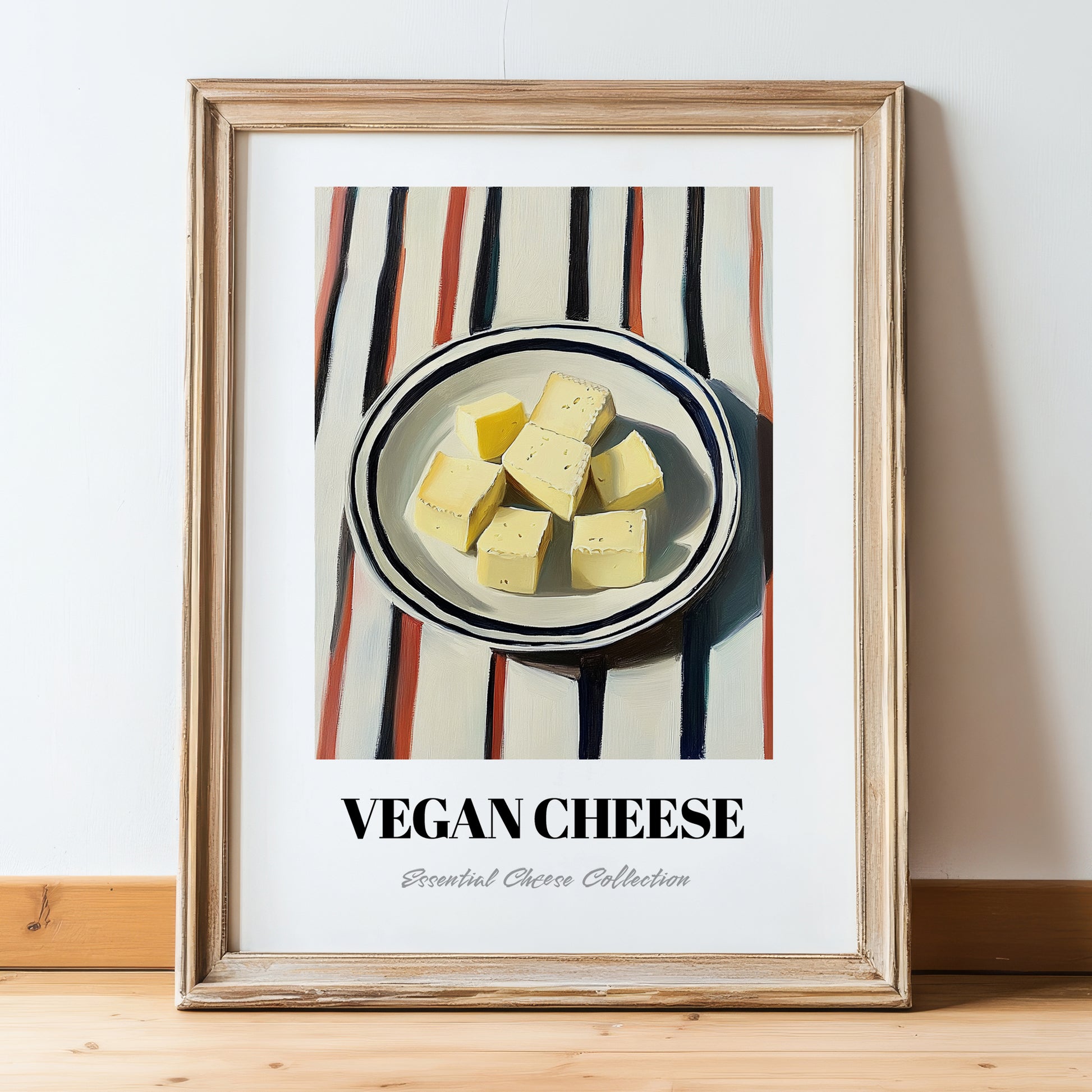 Vegan – on Striped Tablecloth, Cheese Poster, in wooden frame leaning on the floor