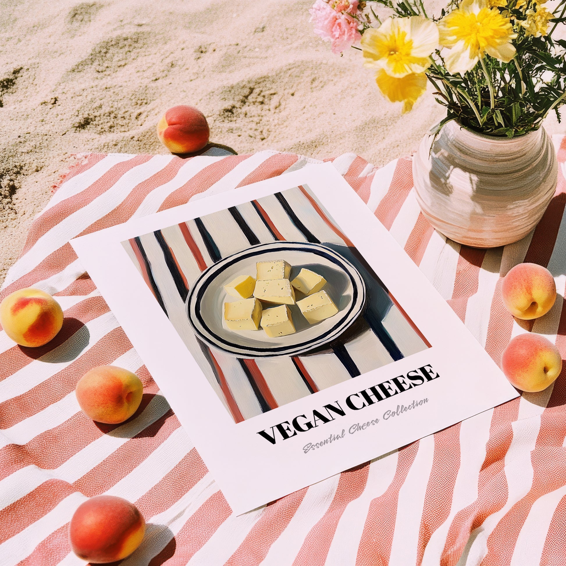 Vegan – on Striped Tablecloth, Cheese Poster, unframed on coastal sand
