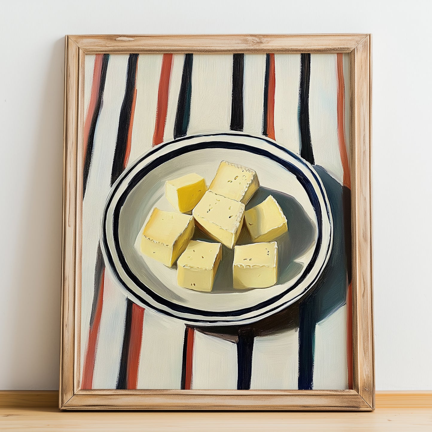 Vegan – on Striped Tablecloth, Cheese Poster, no-text version framed in wood
