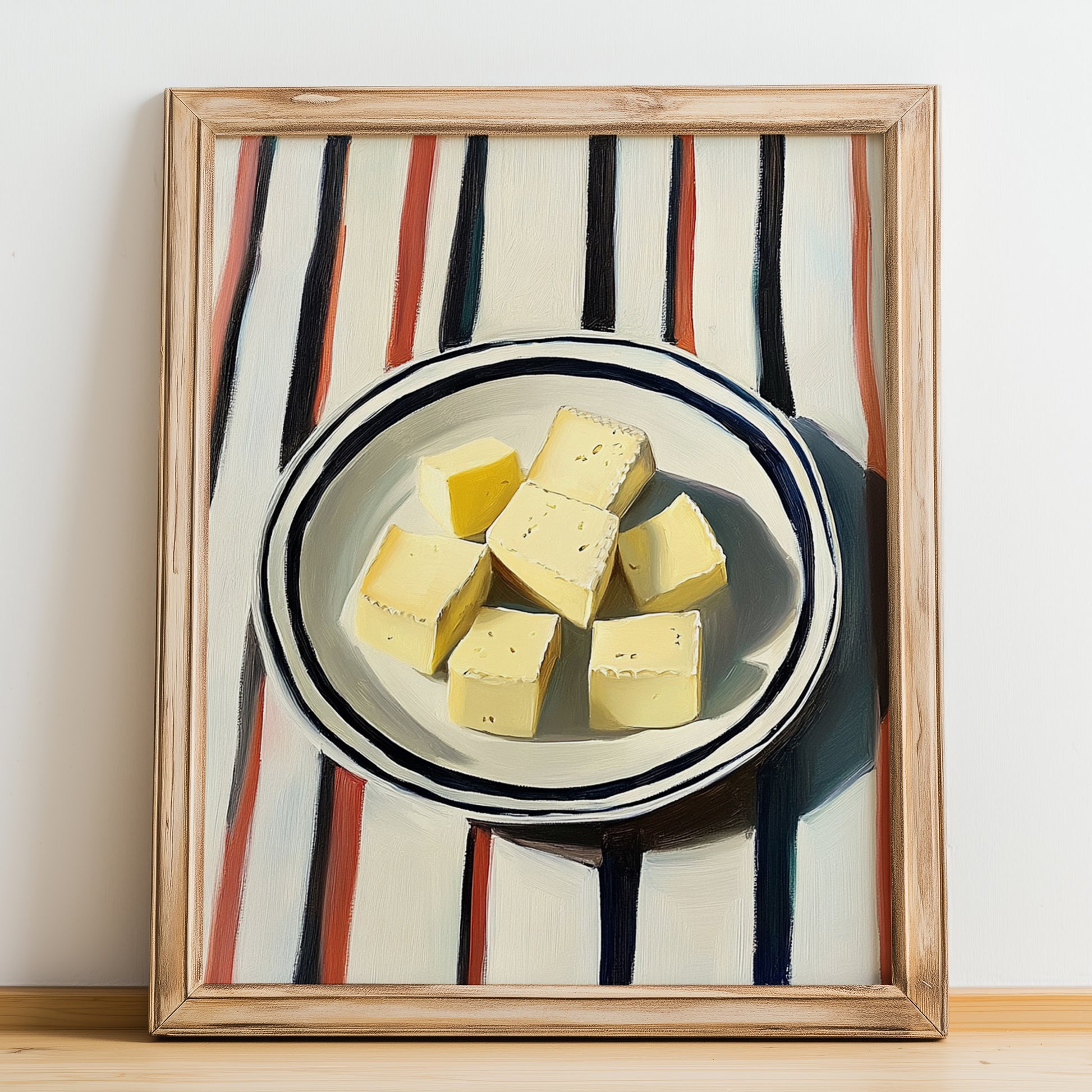 Vegan – on Striped Tablecloth, Cheese Poster, no-text version framed in wood