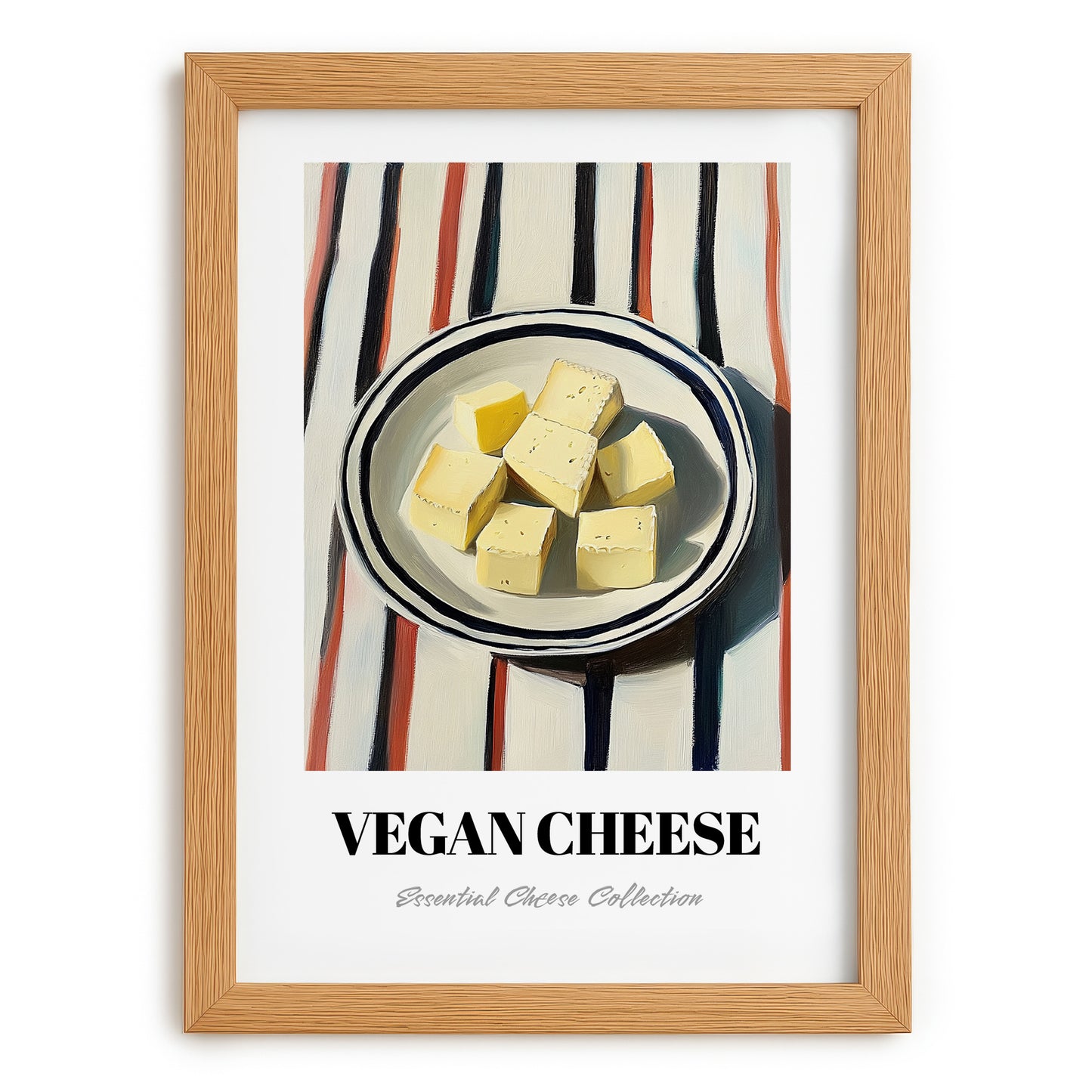 Vegan – on Striped Tablecloth, Cheese Poster, set in oak frame