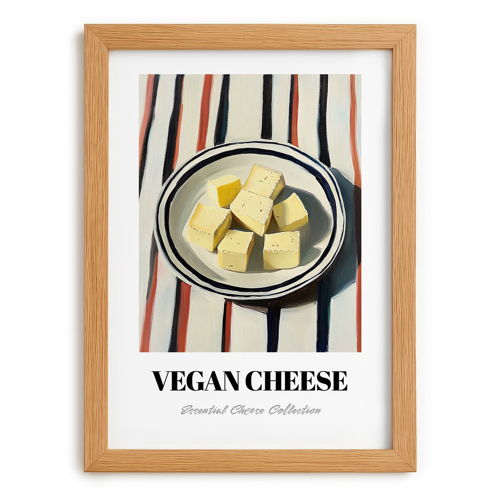 Vegan – on Striped Tablecloth, Cheese Poster, set in oak frame