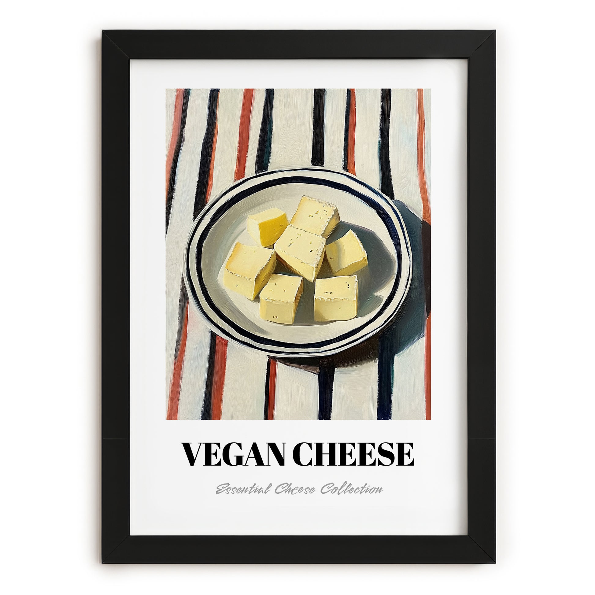 Vegan – on Striped Tablecloth, Cheese Poster, in sleek black frame