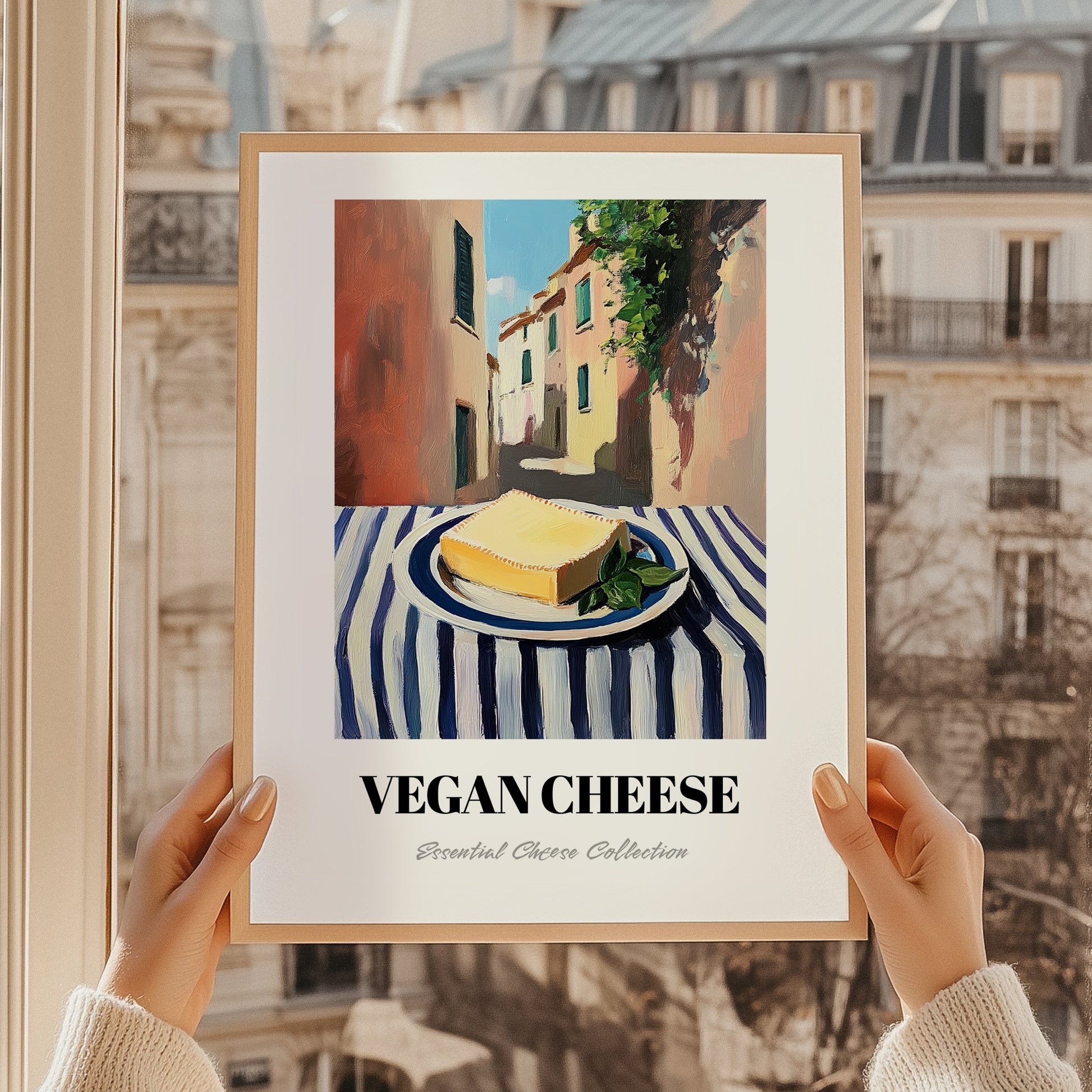 Vegan – Italian Urban Café Scene, Cheese Art, styled in a charming Paris street view