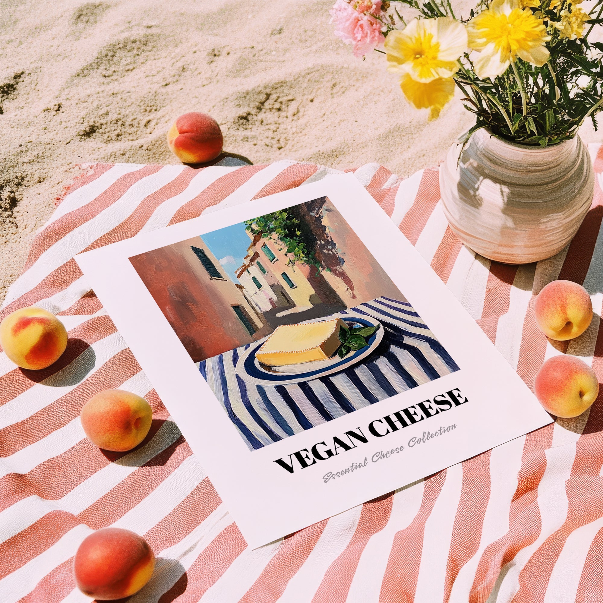 Vegan – Italian Urban Café Scene, Cheese Art, unframed on coastal sand