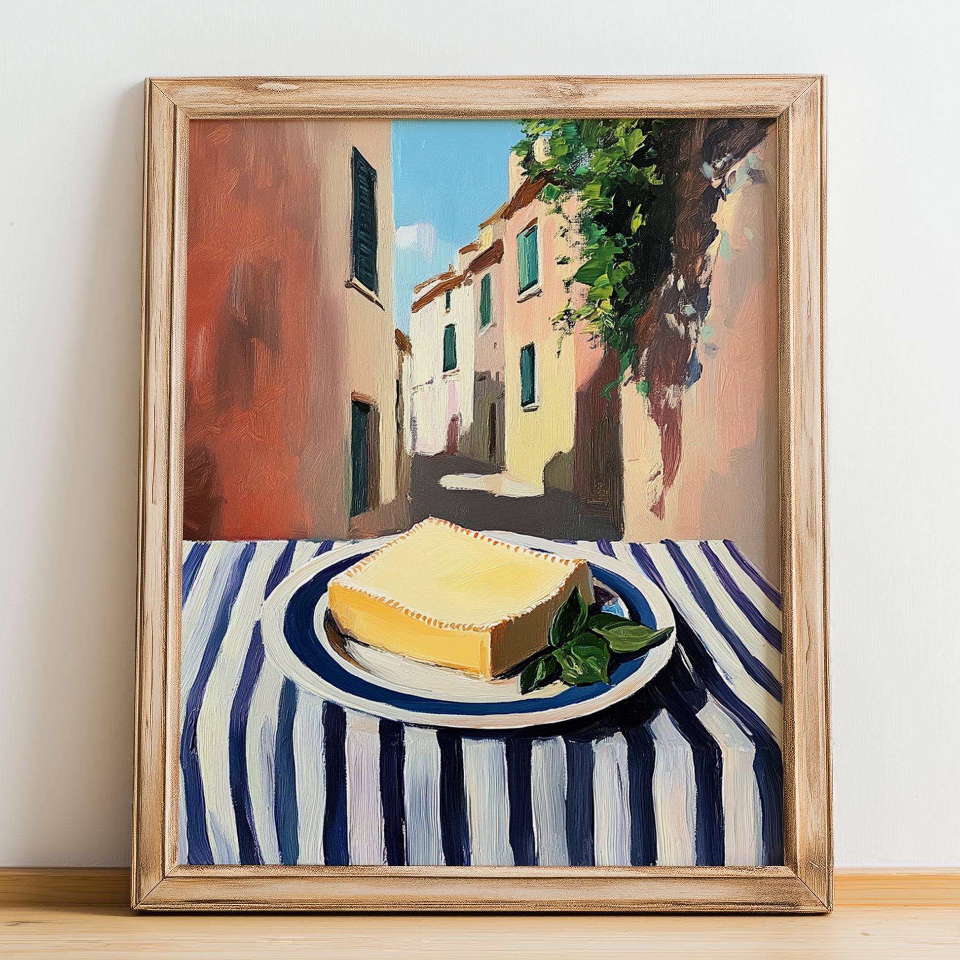 Vegan – Italian Urban Café Scene, Cheese Art, no-text version framed in wood