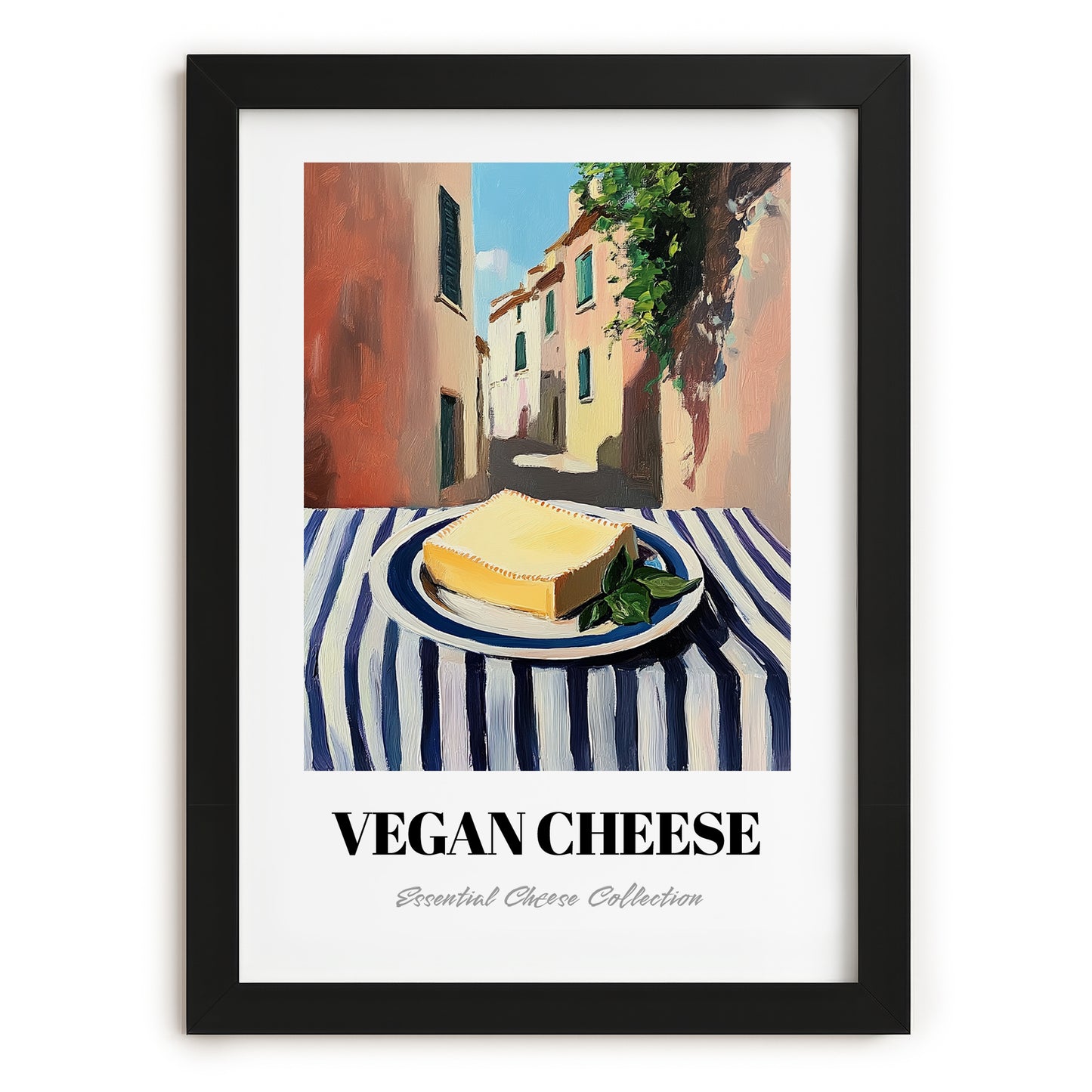 Vegan – Italian Urban Café Scene, Cheese Art, in sleek black frame