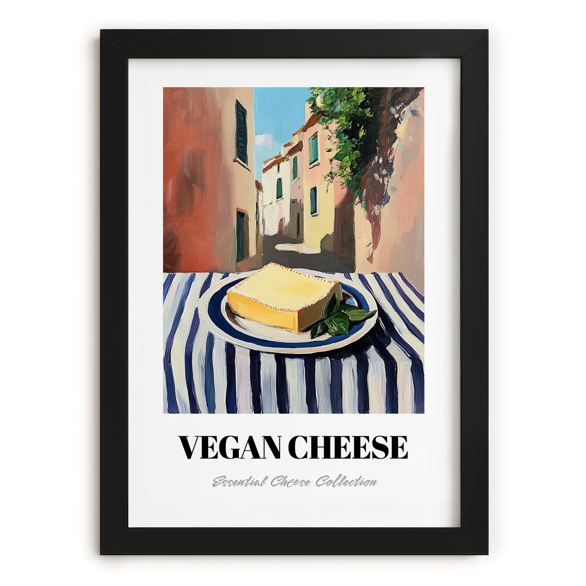 Vegan – Italian Urban Café Scene, Cheese Art, in sleek black frame