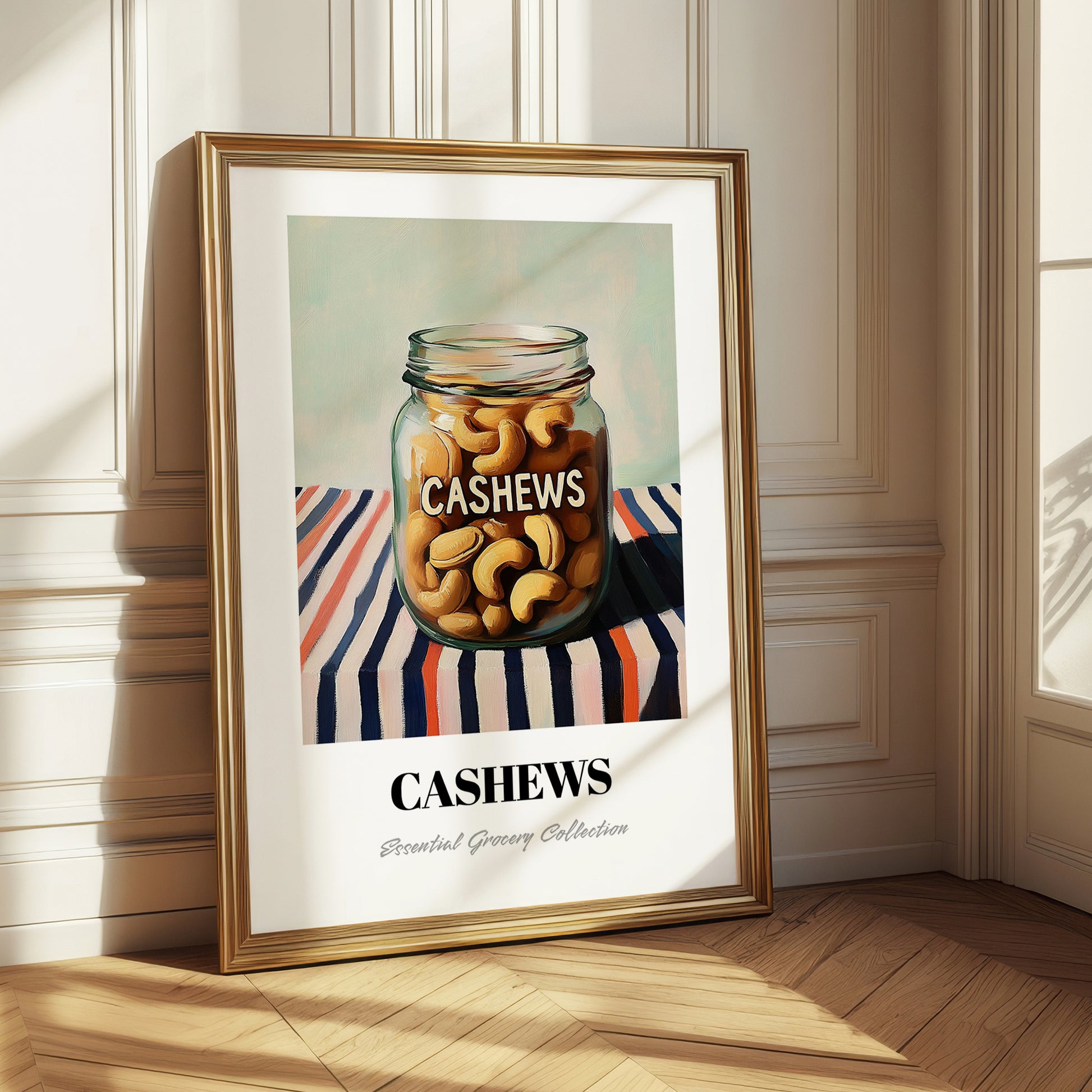 Cashews – on Striped Tablecloth, Nuts Painting
