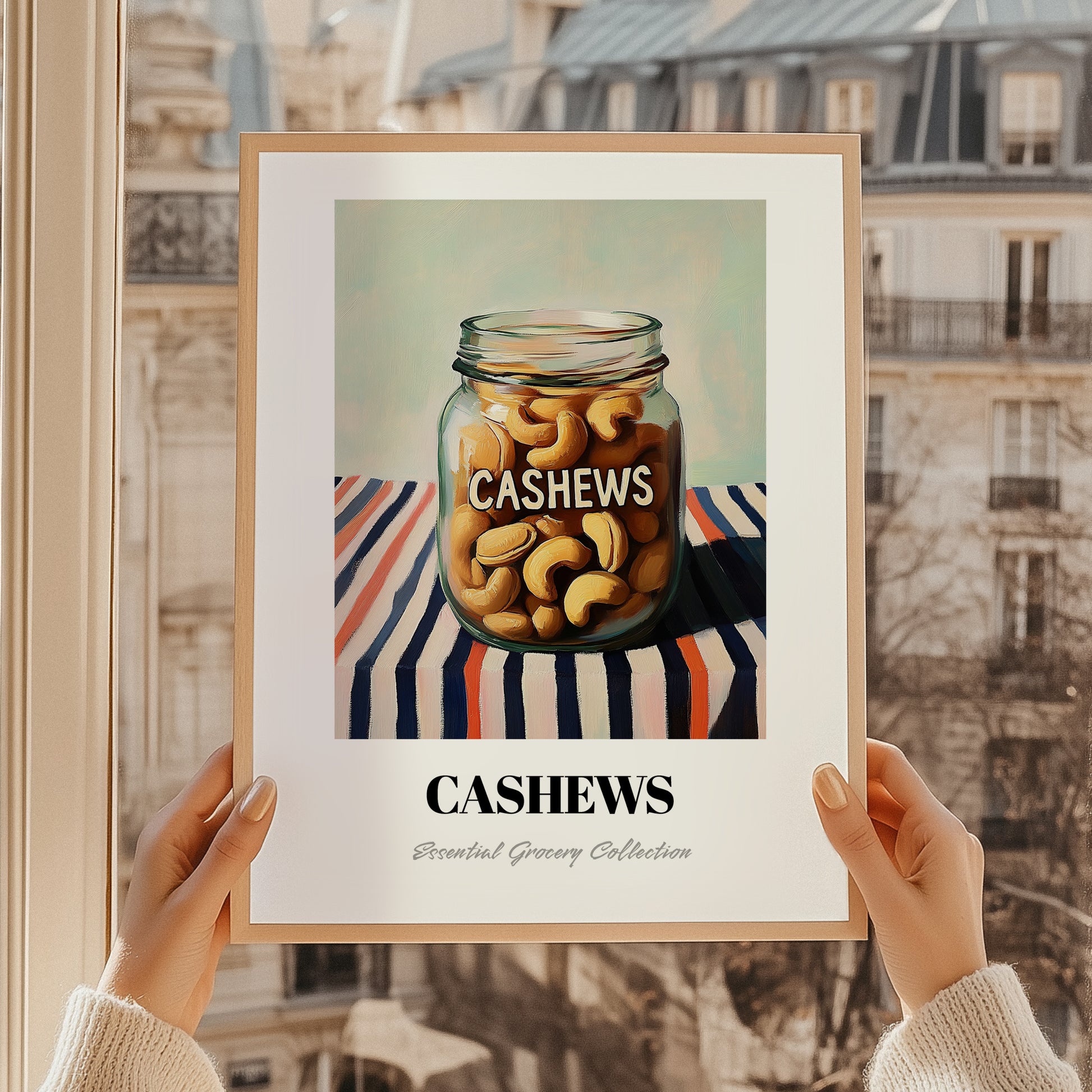 Cashews – on Striped Tablecloth, Nuts Painting, styled in a charming Paris street view