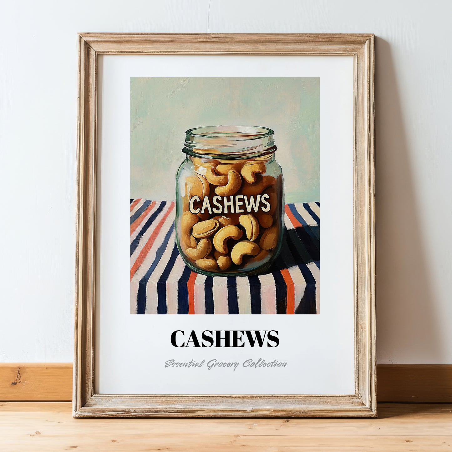 Cashews – on Striped Tablecloth, Nuts Painting, in wooden frame leaning on the floor