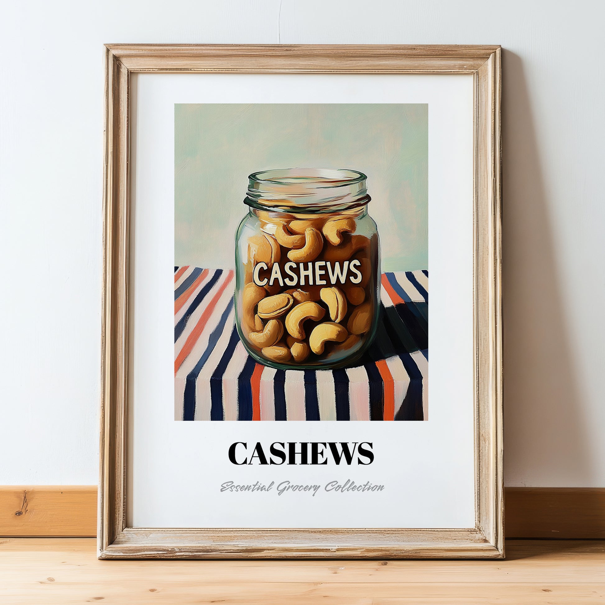 Cashews – on Striped Tablecloth, Nuts Painting, in wooden frame leaning on the floor