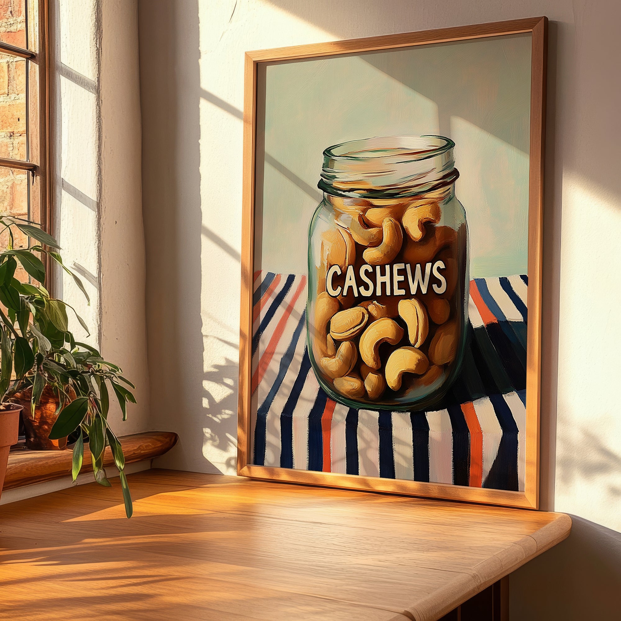 Cashews – on Striped Tablecloth, Nuts Painting, clean layout with no caption