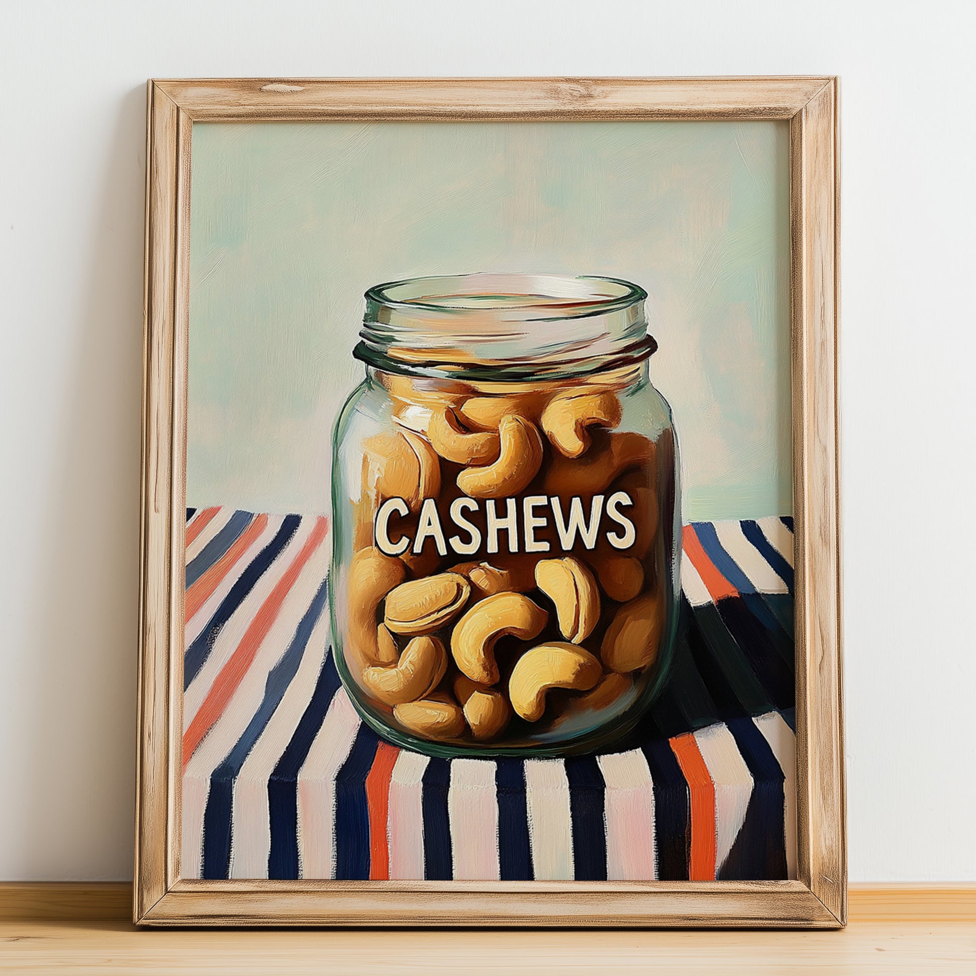 Cashews – on Striped Tablecloth, Nuts Painting, no-text version framed in wood