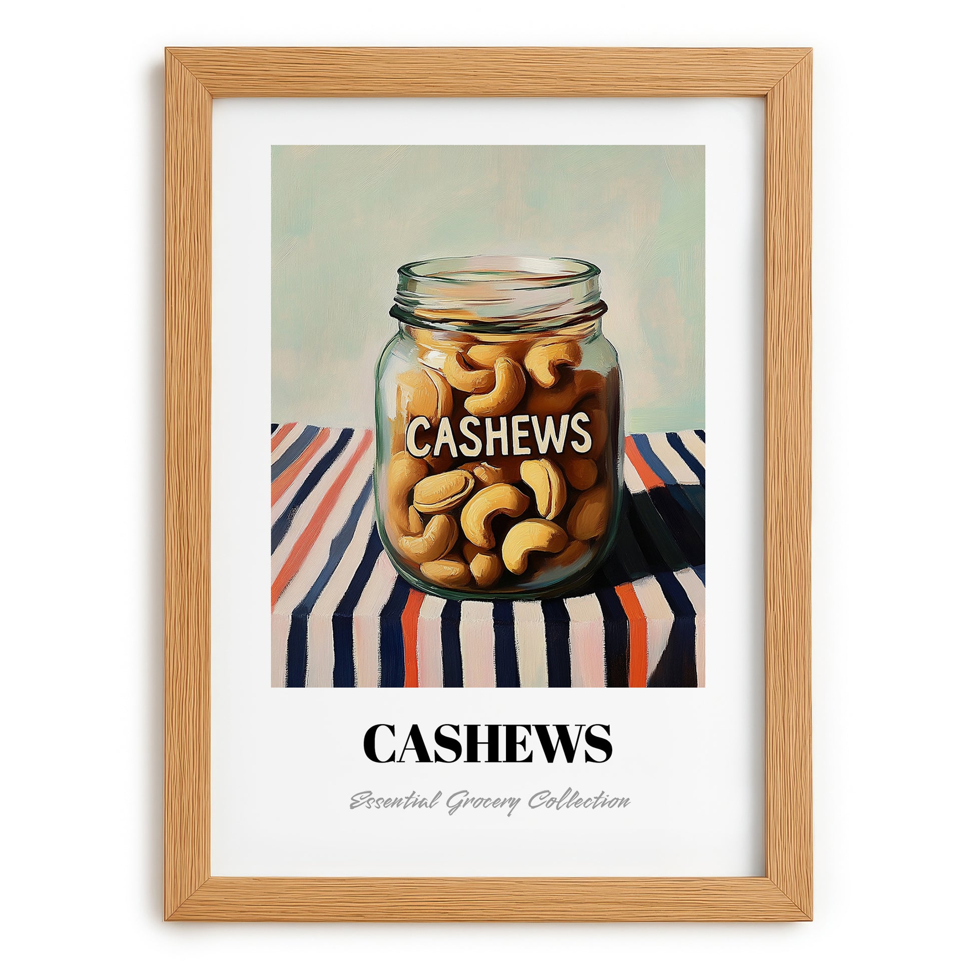 Cashews – on Striped Tablecloth, Nuts Painting, set in oak frame