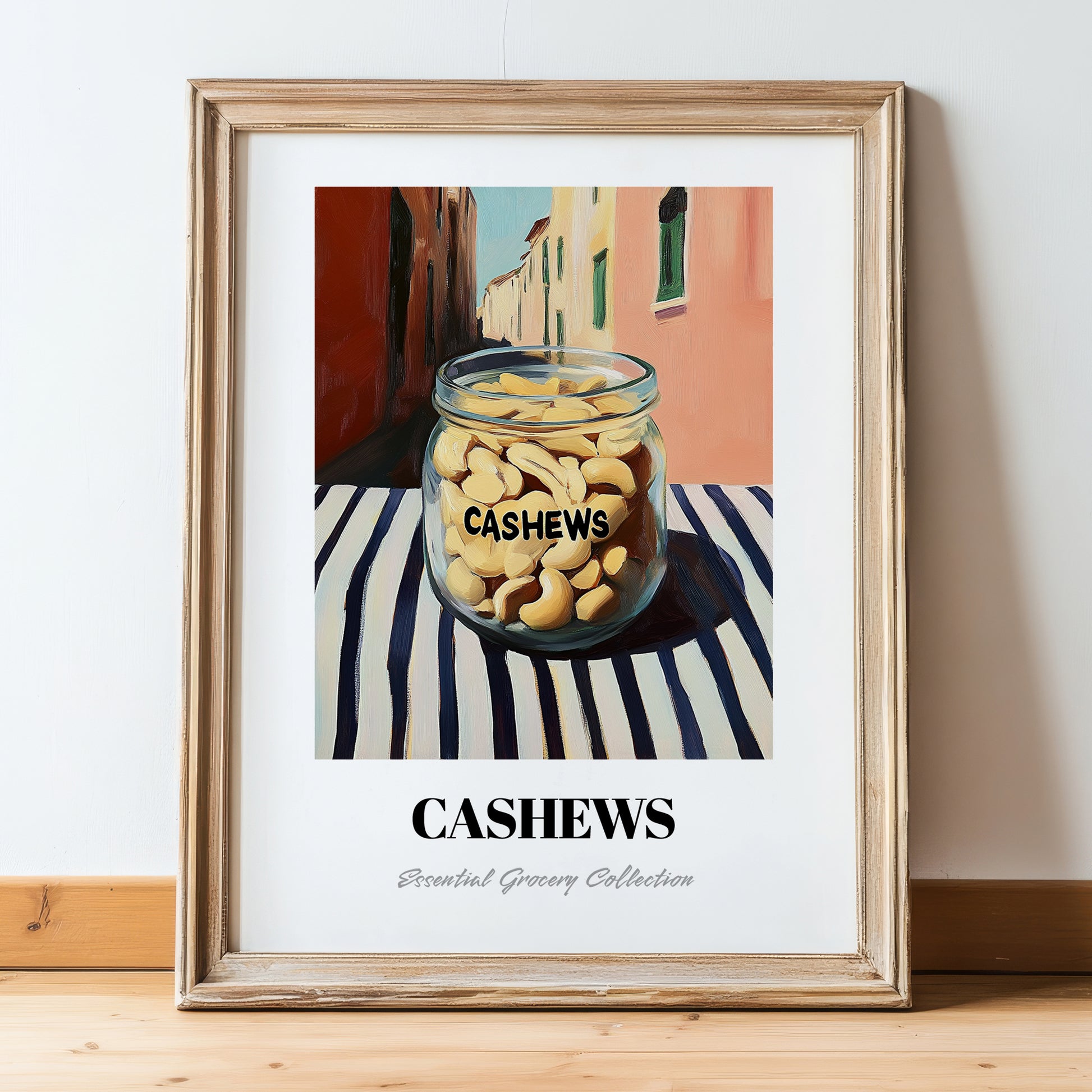Cashews – Italian Café on the Corner, Nuts Still Life, in wooden frame leaning on the floor