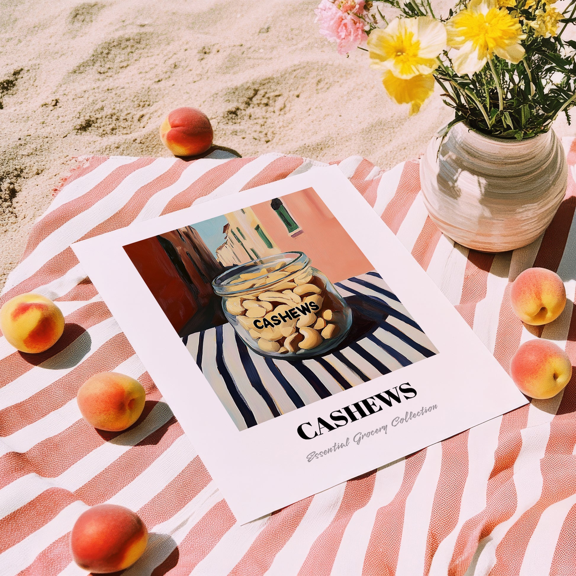 Cashews – Italian Café on the Corner, Nuts Still Life, unframed on coastal sand