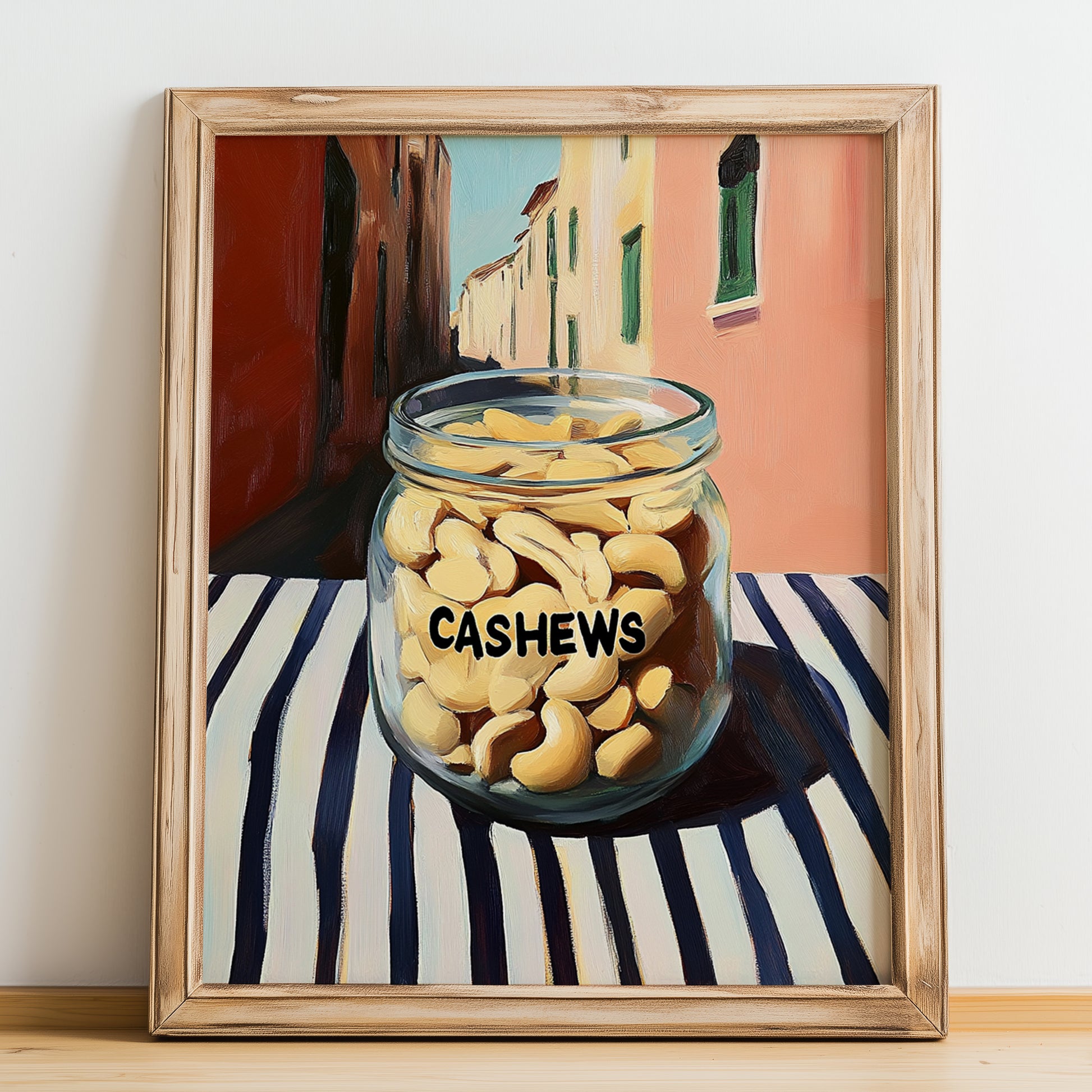 Cashews – Italian Café on the Corner, Nuts Still Life, no-text version framed in wood