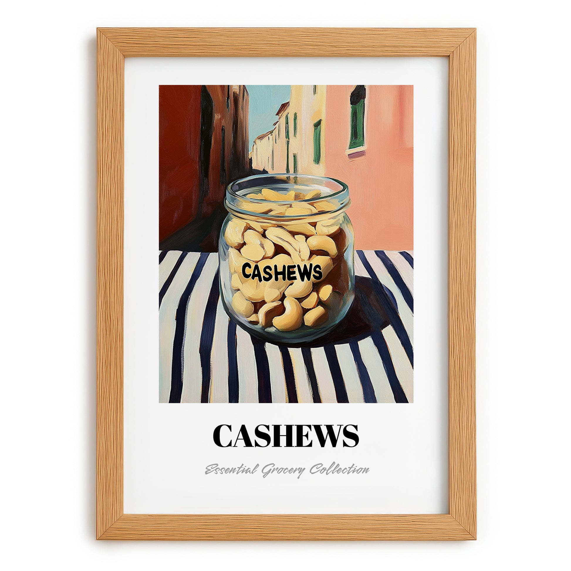 Cashews – Italian Café on the Corner, Nuts Still Life, set in oak frame