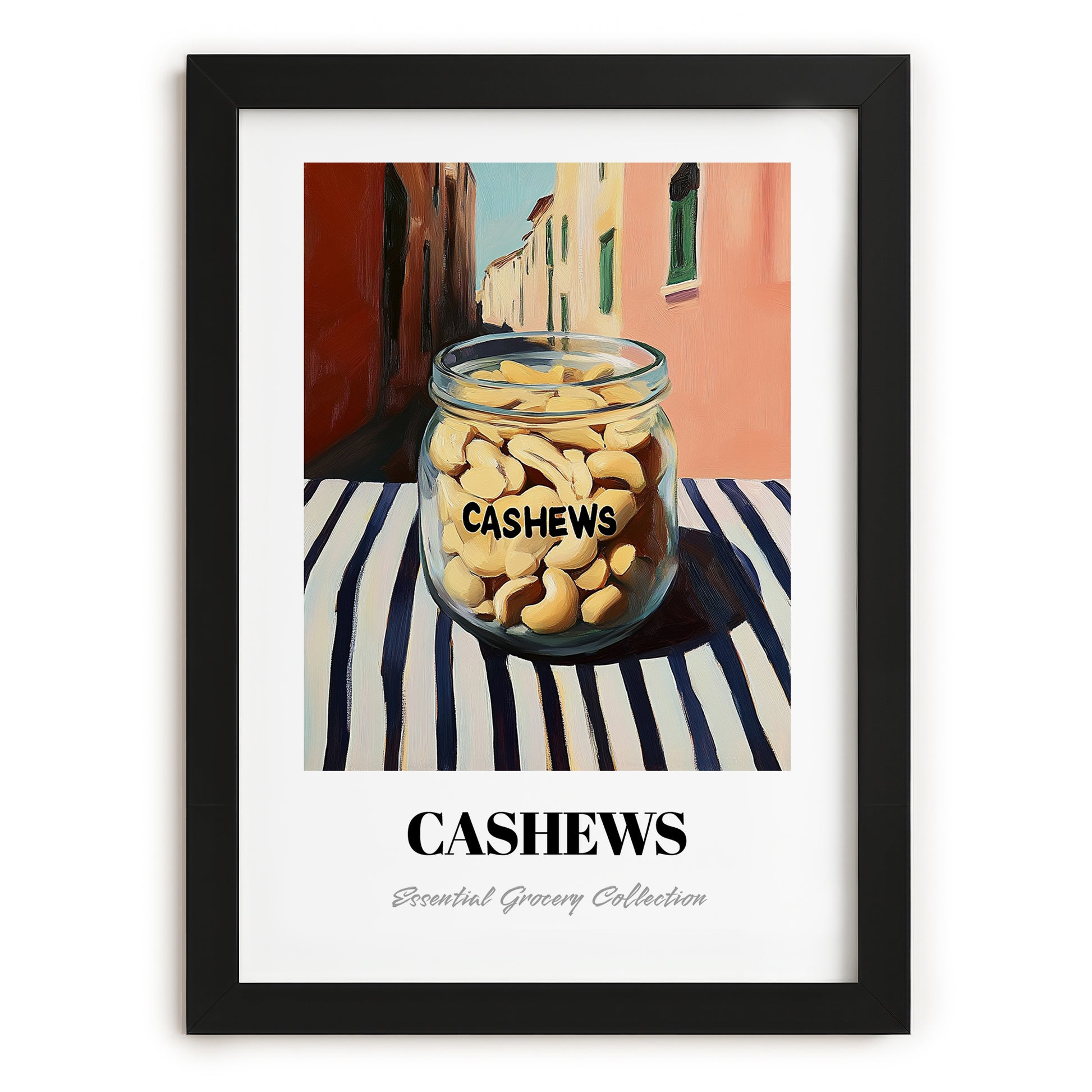 Cashews – Italian Café on the Corner, Nuts Still Life, in sleek black frame