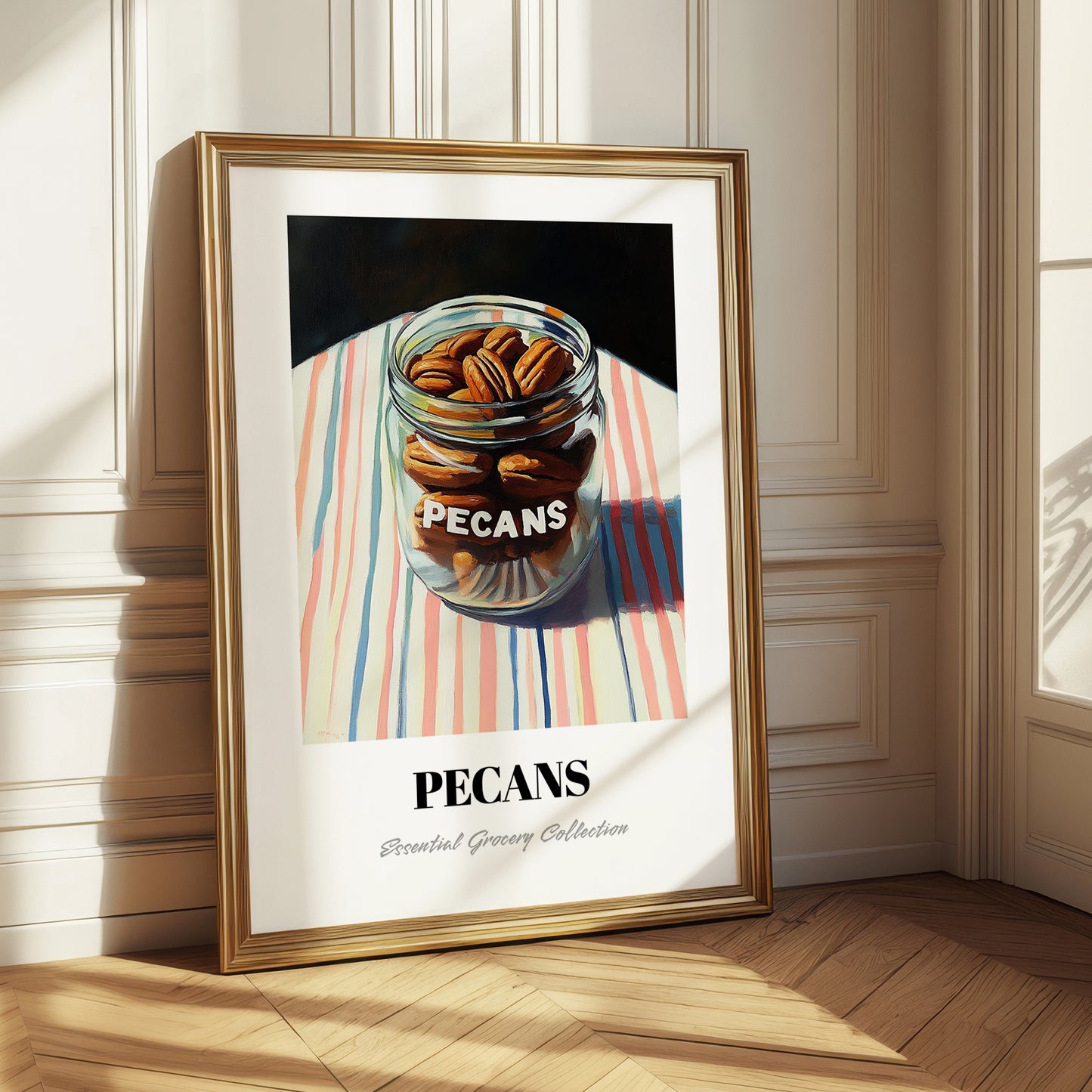 Pecans – on Striped Tablecloth, Nuts Still Life