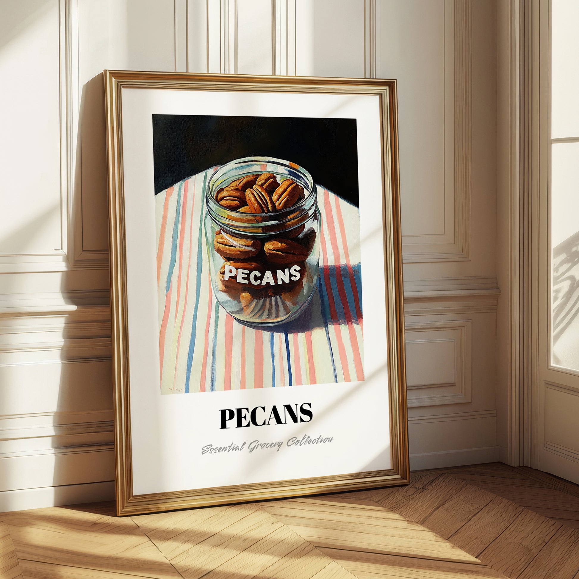 Pecans – on Striped Tablecloth, Nuts Still Life