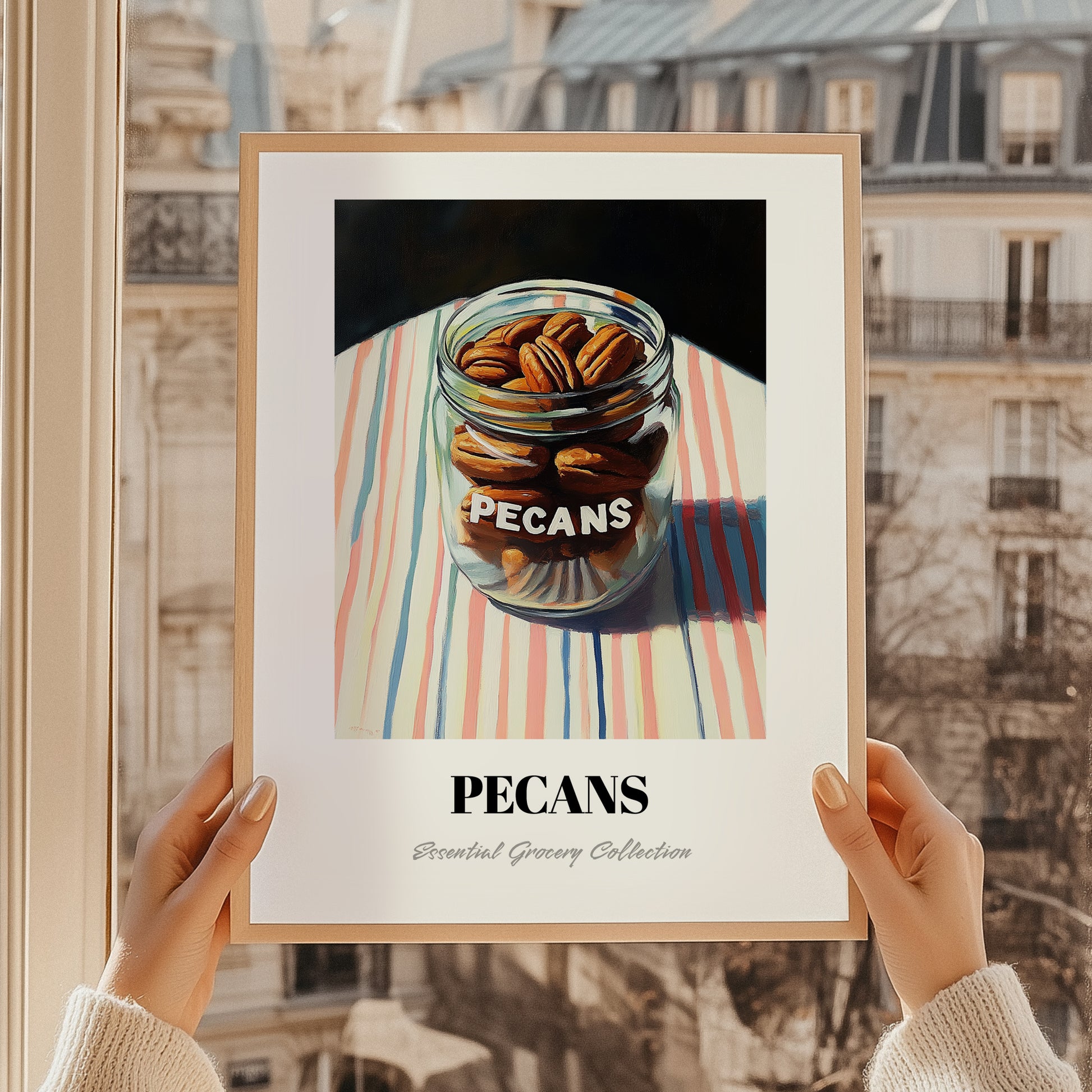 Pecans – on Striped Tablecloth, Nuts Still Life, styled in a charming Paris street view