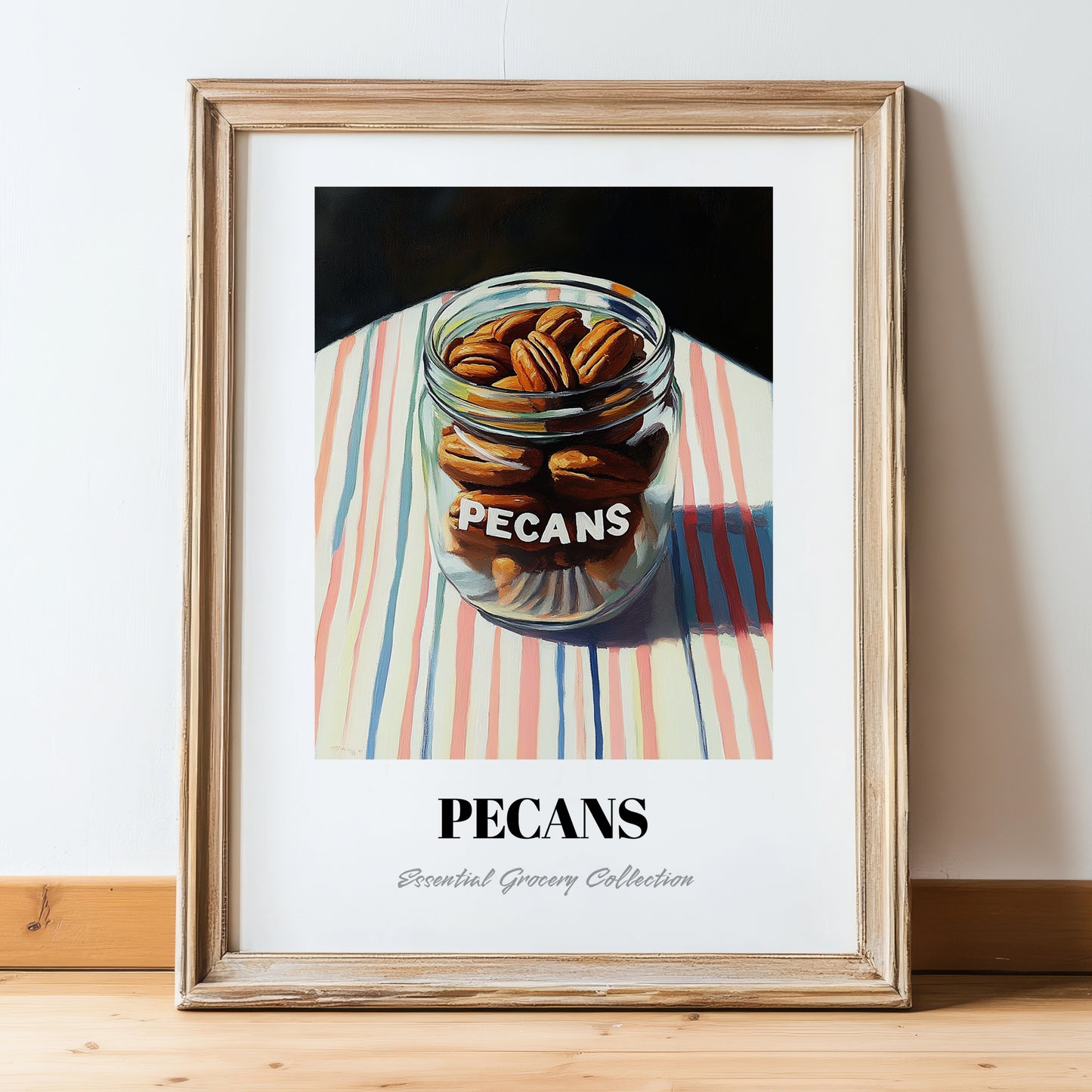 Pecans – on Striped Tablecloth, Nuts Still Life, in wooden frame leaning on the floor