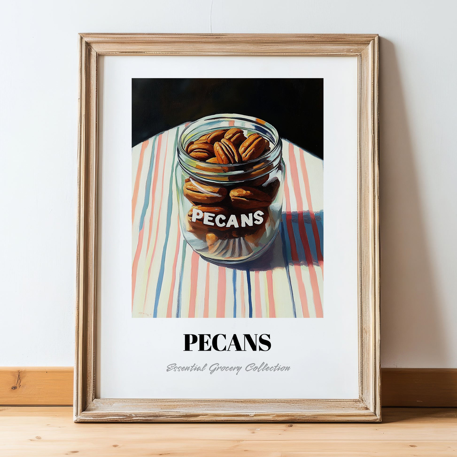 Pecans – on Striped Tablecloth, Nuts Still Life, in wooden frame leaning on the floor