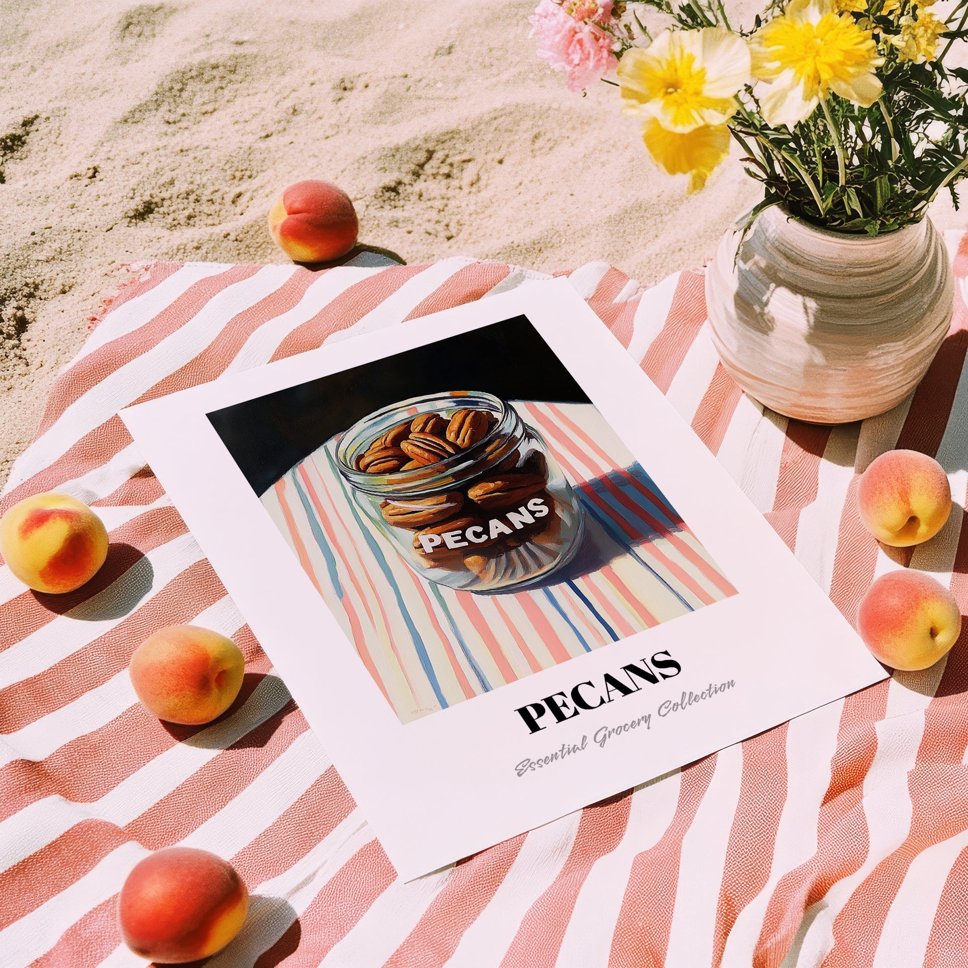 Pecans – on Striped Tablecloth, Nuts Still Life, unframed on coastal sand