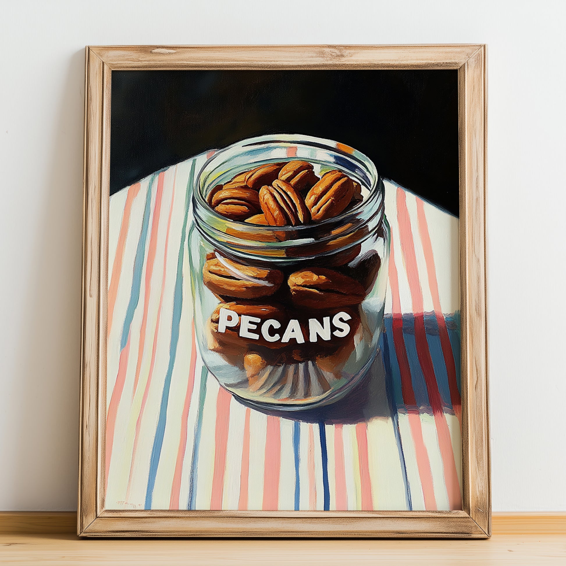 Pecans – on Striped Tablecloth, Nuts Still Life, no-text version framed in wood