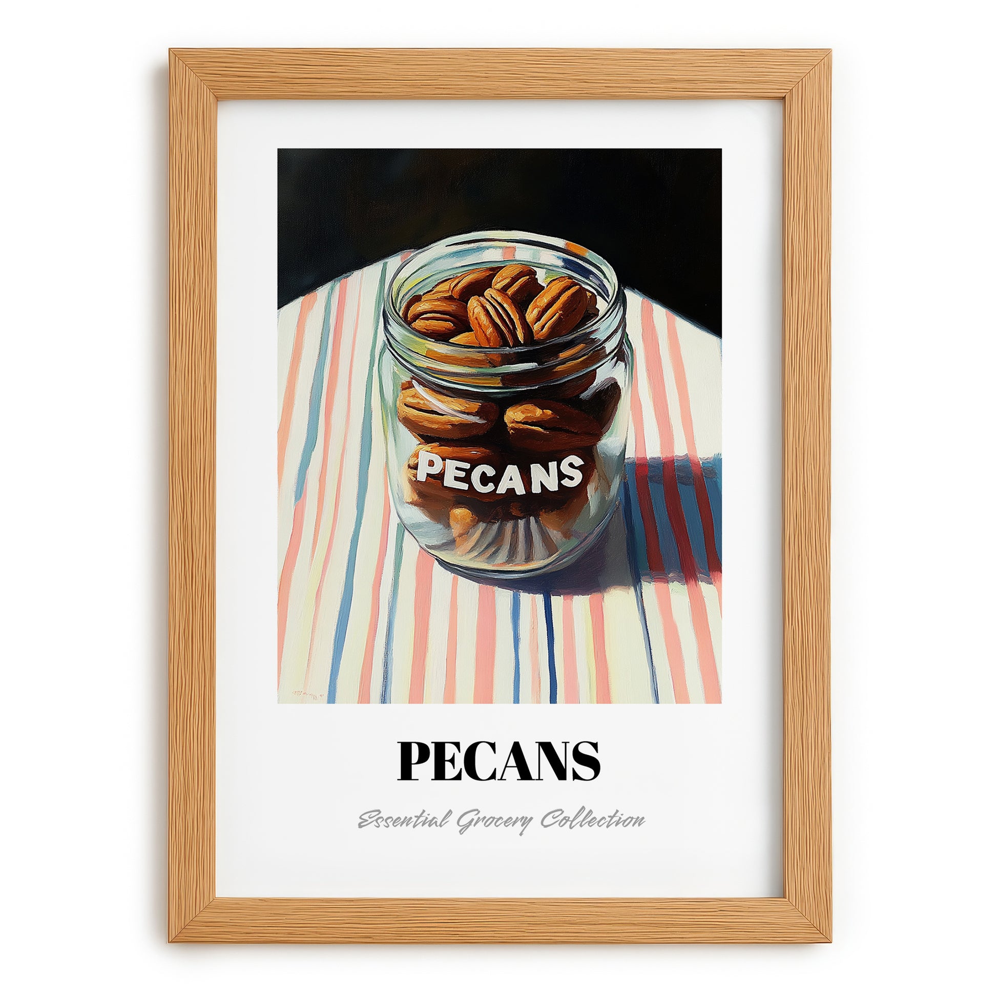 Pecans – on Striped Tablecloth, Nuts Still Life, set in oak frame