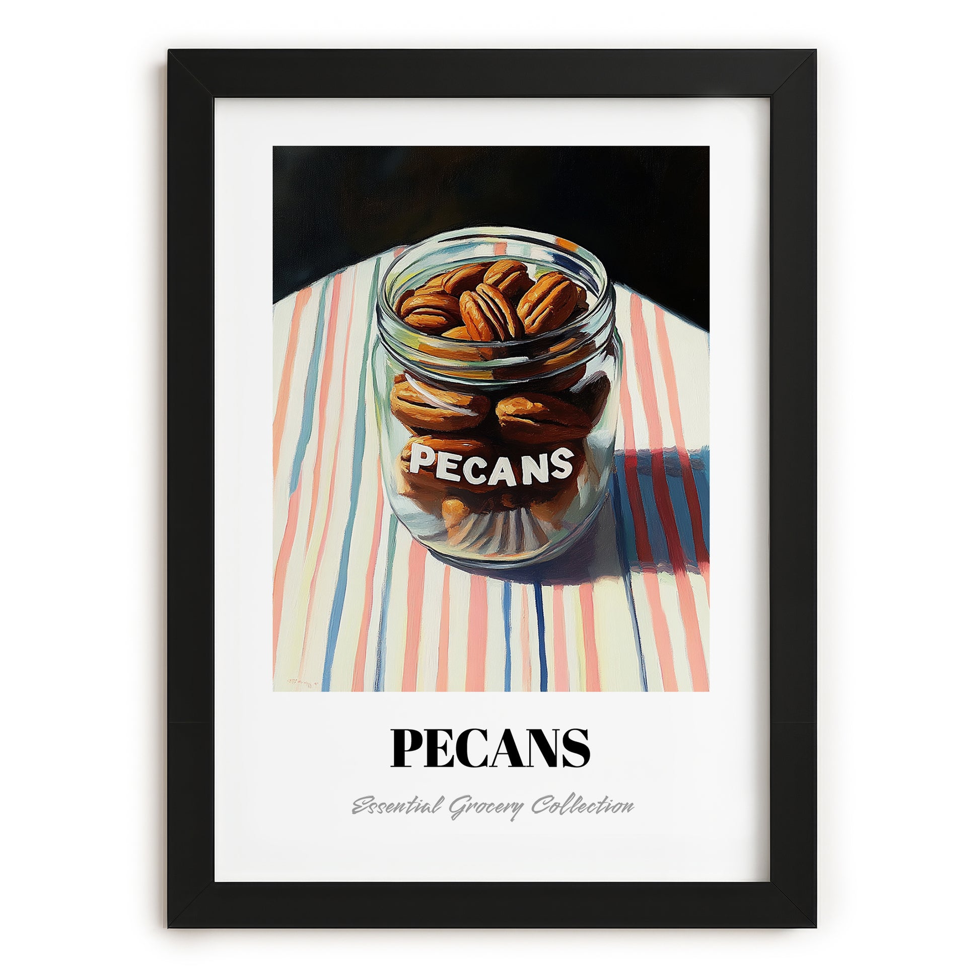 Pecans – on Striped Tablecloth, Nuts Still Life, in sleek black frame