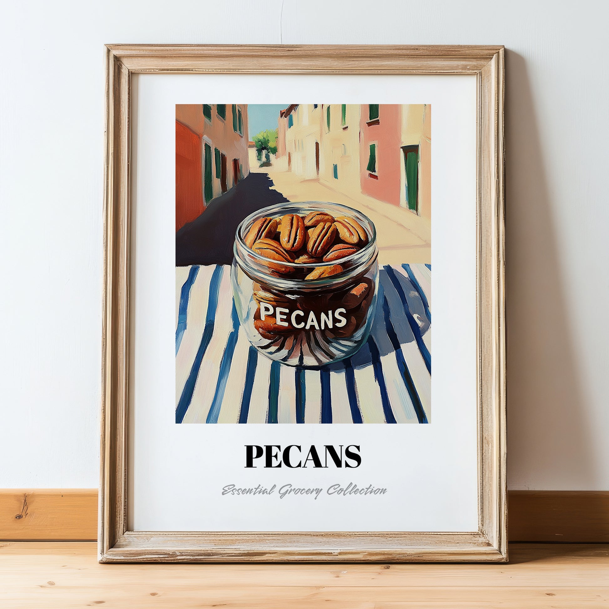 Pecans – Italian Street Café Scene, Nuts Wall Art, in wooden frame leaning on the floor