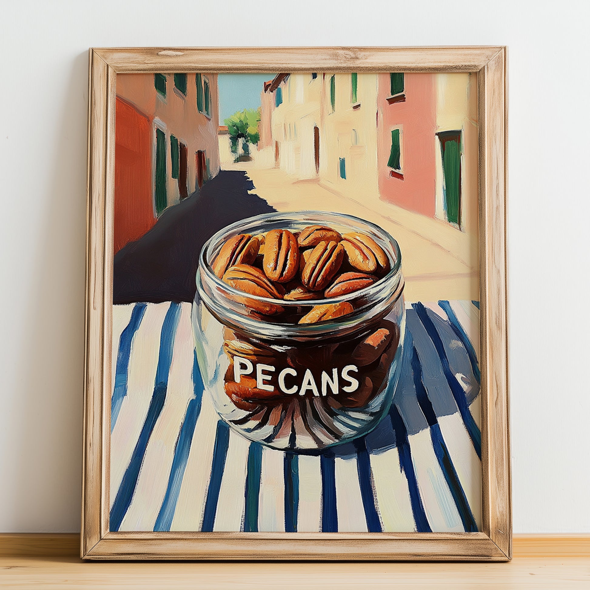 Pecans – Italian Street Café Scene, Nuts Wall Art, no-text version framed in wood