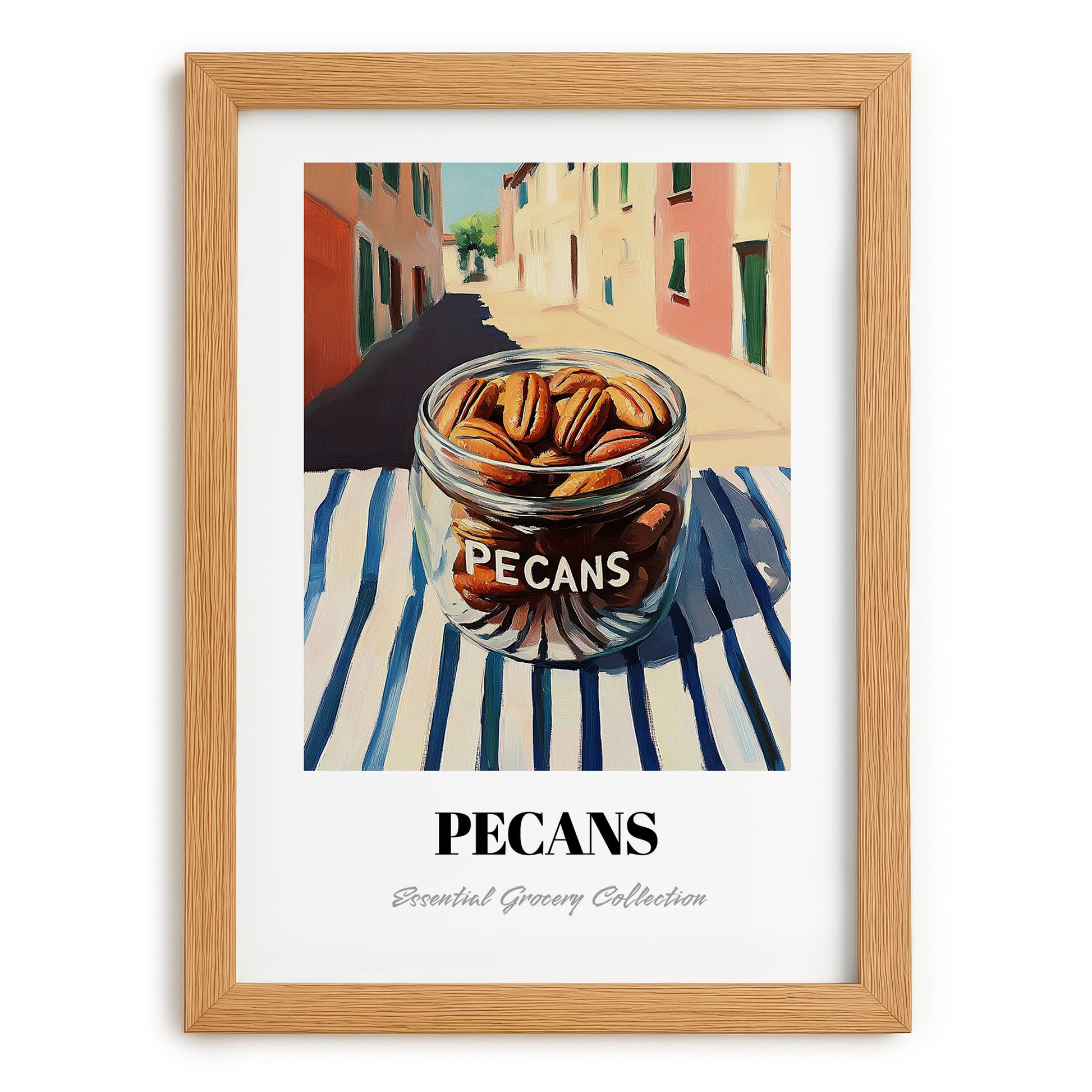 Pecans – Italian Street Café Scene, Nuts Wall Art, set in oak frame
