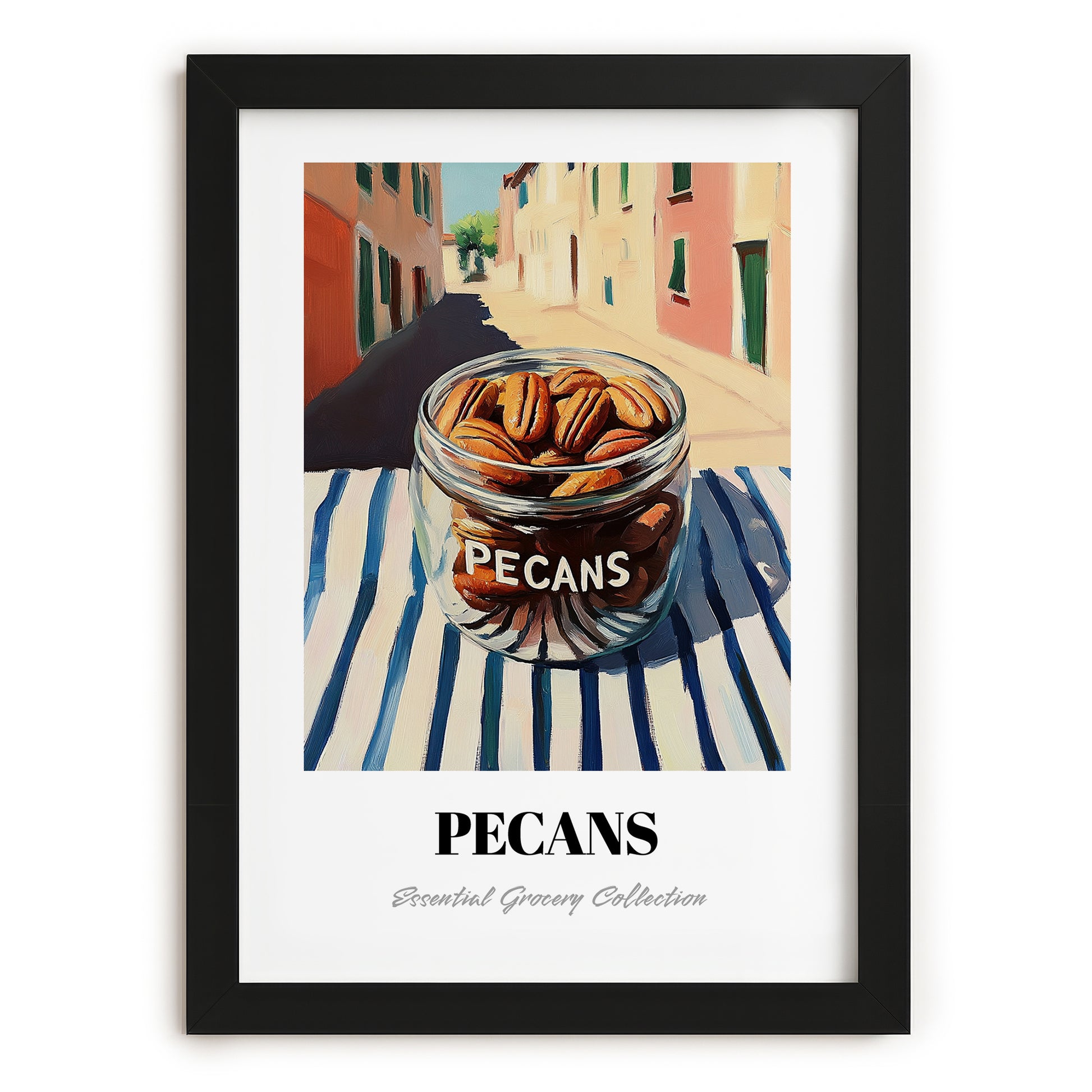 Pecans – Italian Street Café Scene, Nuts Wall Art, in sleek black frame