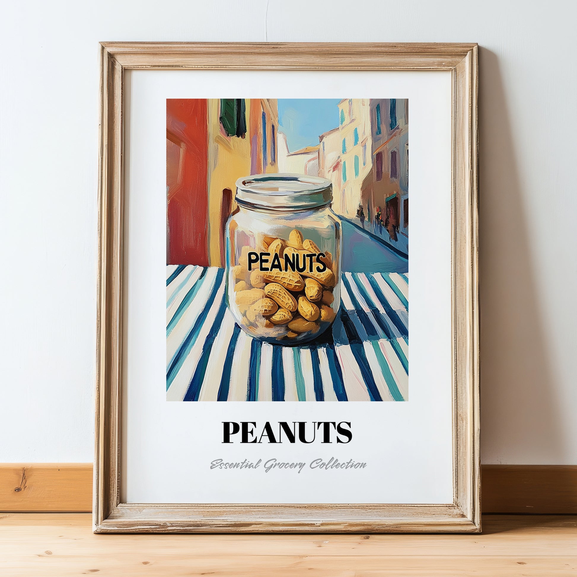 Peanuts – Italian Café on the Corner, Nuts Illustration, in wooden frame leaning on the floor